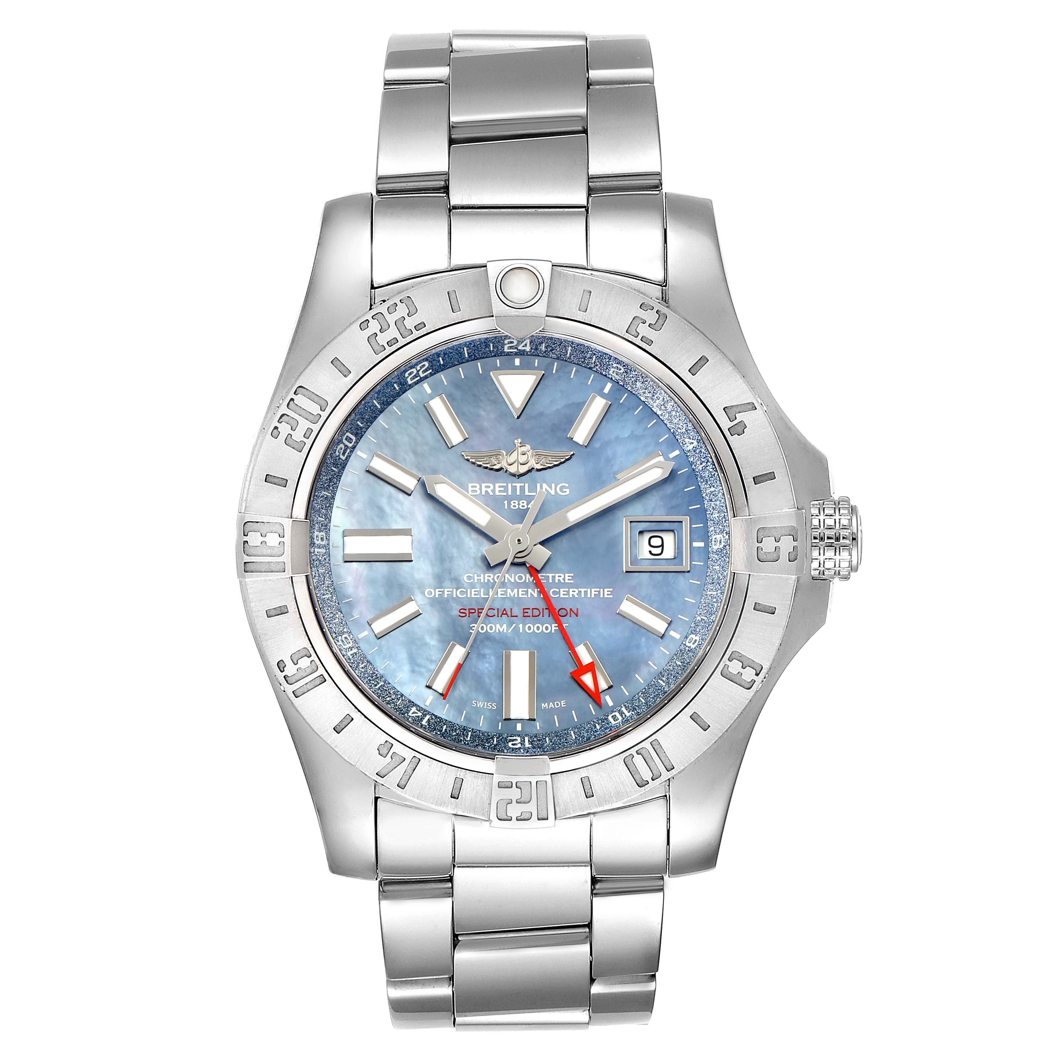 The image shows a front view of the Breitling Avenger A3239011-C872-170A Men
s Stainless Steel Mother of Pearl Dial A3239011-C872-170A Men
s Stainless Steel Mother of Pearl Dial watch, highlighting the dial, bezel, hands, bracelet, and date window.