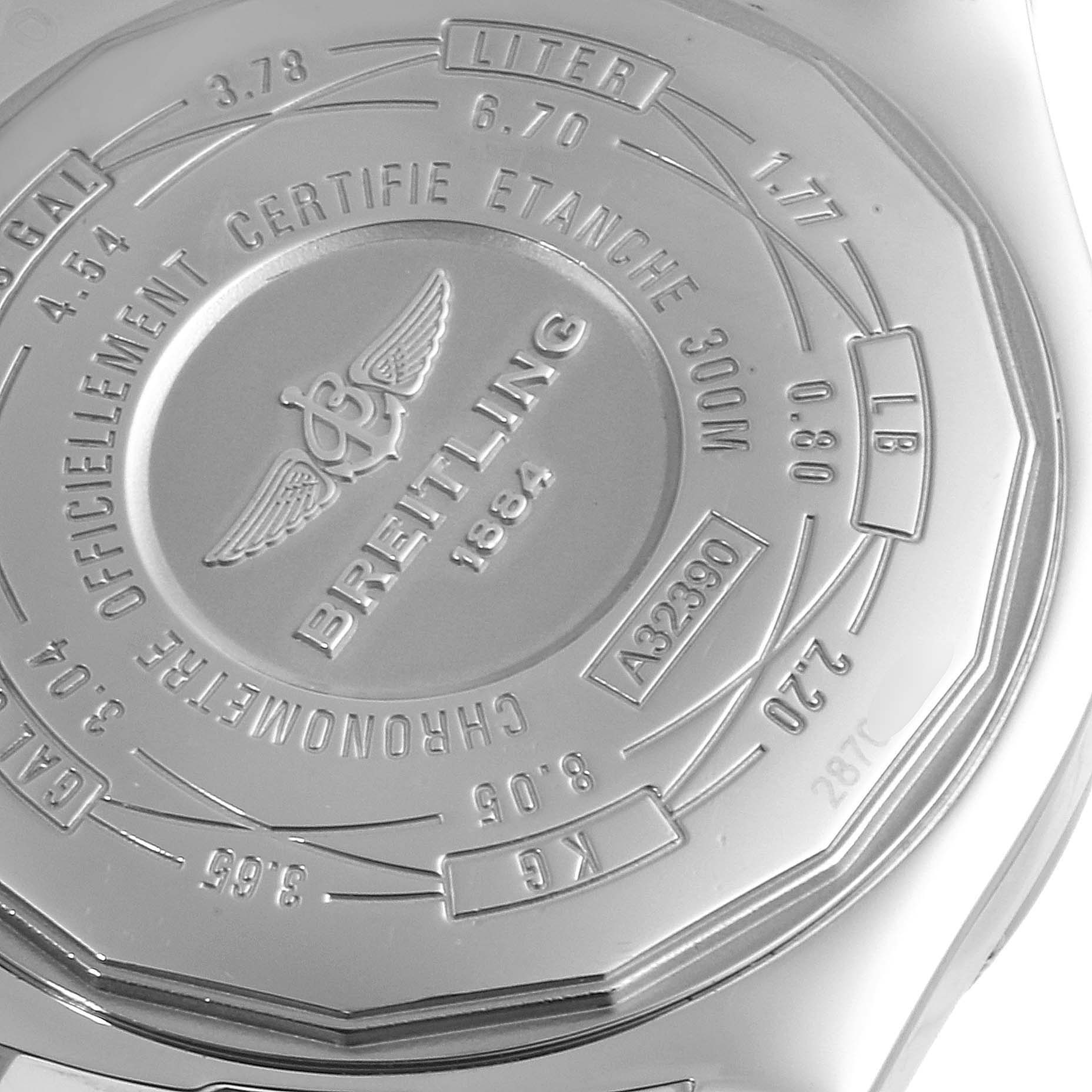 The image shows the back case of a Breitling Avenger A3239011-C872-170A Men
s Stainless Steel Mother of Pearl Dial A3239011-C872-170A Men
s Stainless Steel Mother of Pearl Dial watch, highlighting its branding and specifications.