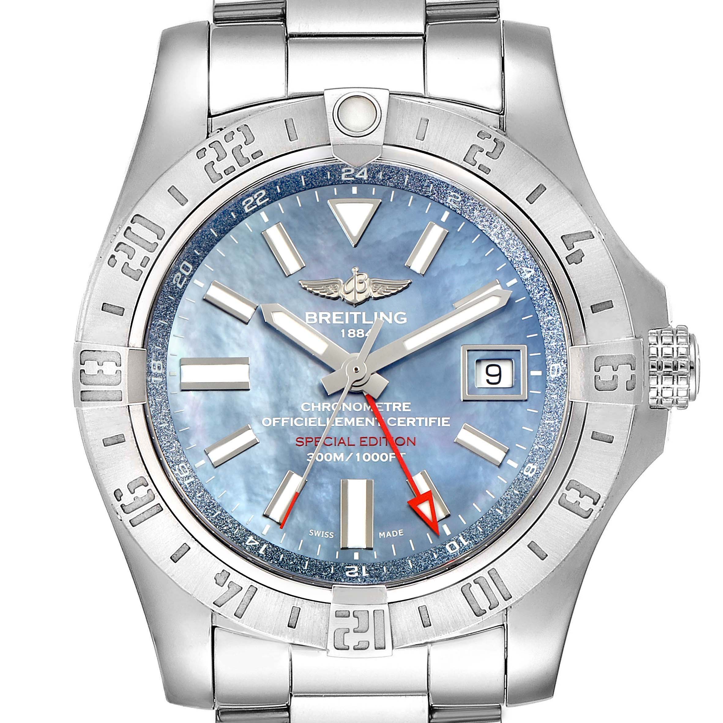 The image shows a front view of the Breitling Avenger A3239011-C872-170A Men
s Stainless Steel Mother of Pearl Dial A3239011-C872-170A Men
s Stainless Steel Mother of Pearl Dial watch, highlighting its bezel, dial, hands, markers, and bracelet.