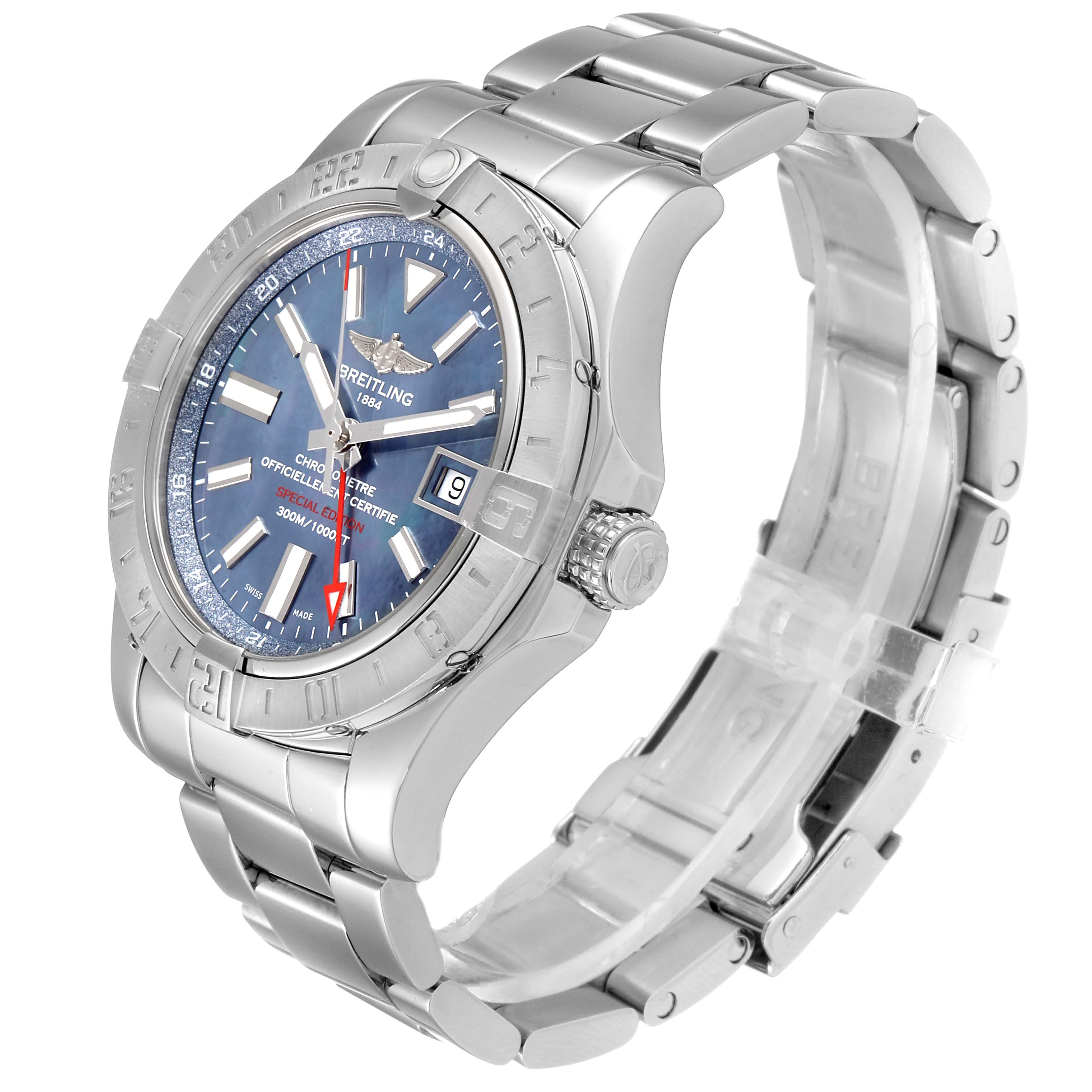 This image shows a side and angled view of a Breitling Avenger A3239011-C872-170A Men
s Stainless Steel Mother of Pearl Dial A3239011-C872-170A Men
s Stainless Steel Mother of Pearl Dial watch, displaying the dial, bezel, crown, and bracelet.