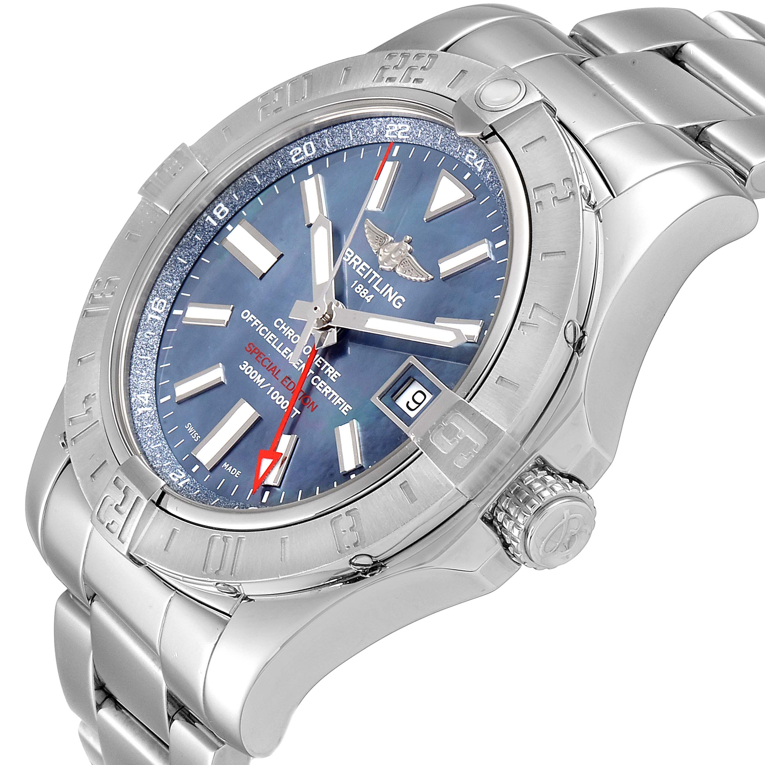 The image shows a side angle view of the Breitling Avenger A3239011-C872-170A Men
s Stainless Steel Mother of Pearl Dial A3239011-C872-170A Men
s Stainless Steel Mother of Pearl Dial watch, highlighting its face, bezel, date window, and stainless steel bracelet.