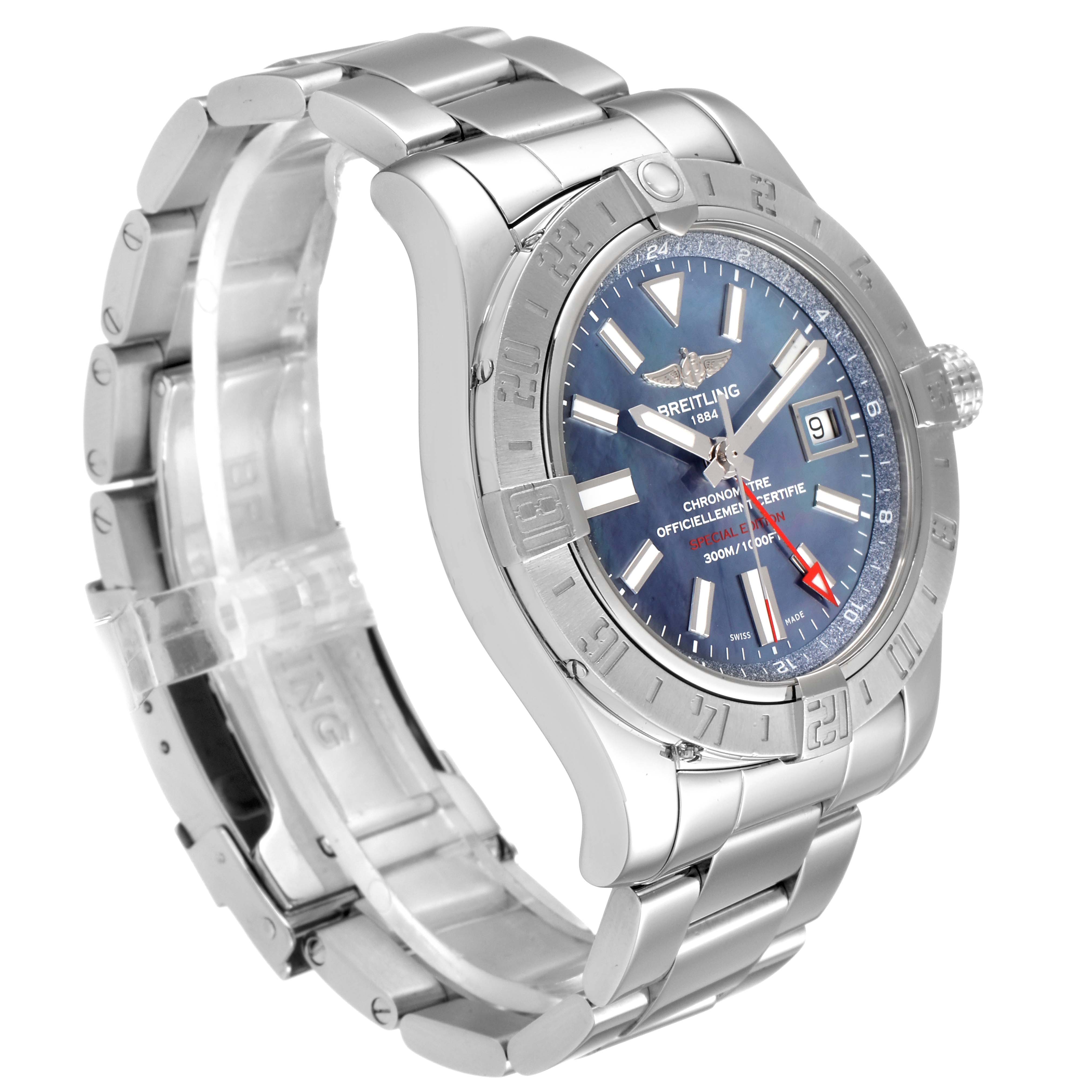 This image shows the Breitling Avenger A3239011-C872-170A Men
s Stainless Steel Mother of Pearl Dial A3239011-C872-170A Men
s Stainless Steel Mother of Pearl Dial watch from a front-side angle highlighting the dial, bezel, crown, and stainless steel bracelet.