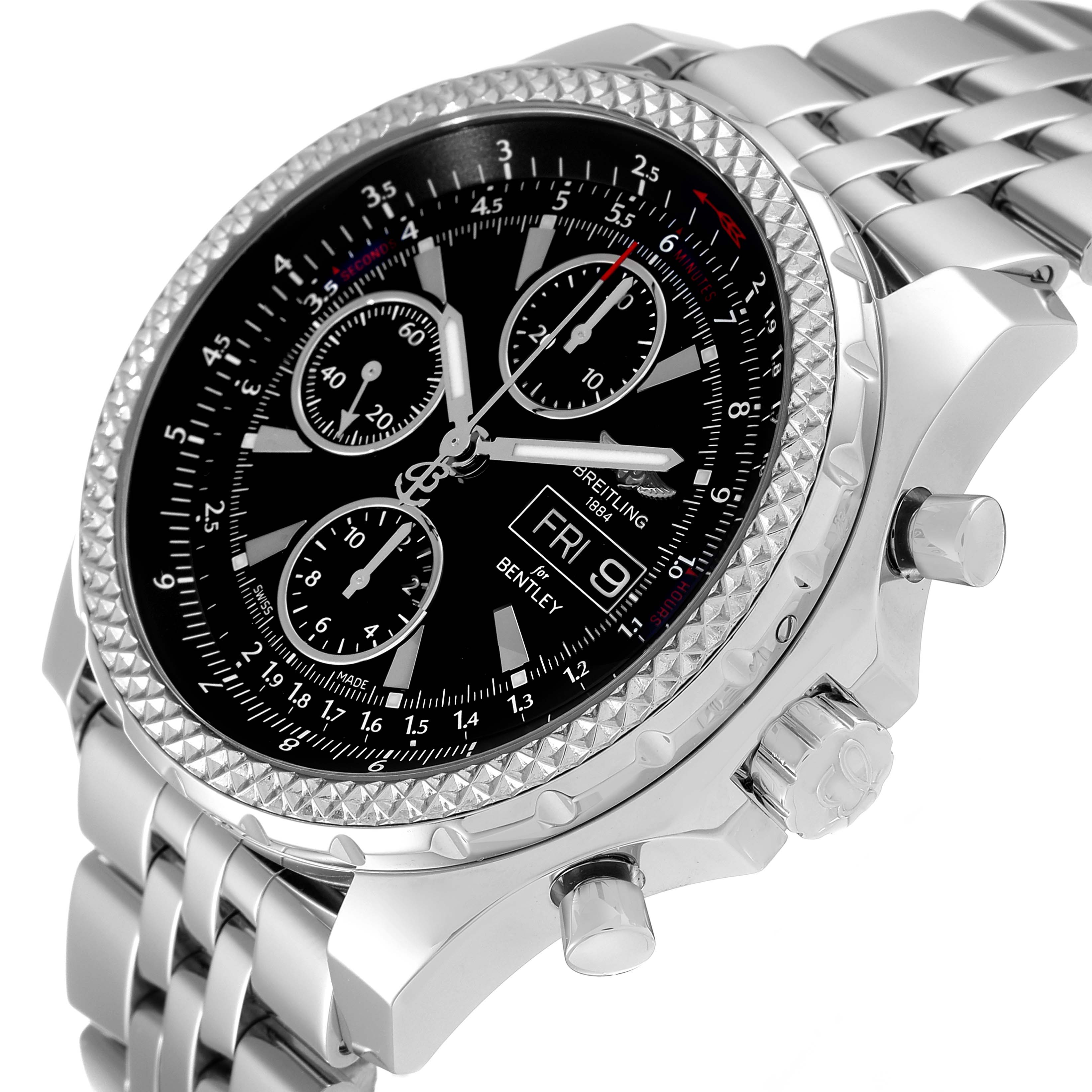 The image shows a side angle of the Breitling Bentley A13362 Men's Stainless Steel Black Dial A13362 Men's Stainless Steel Black Dial watch, highlighting the bezel, dial, pushers, and metal bracelet.