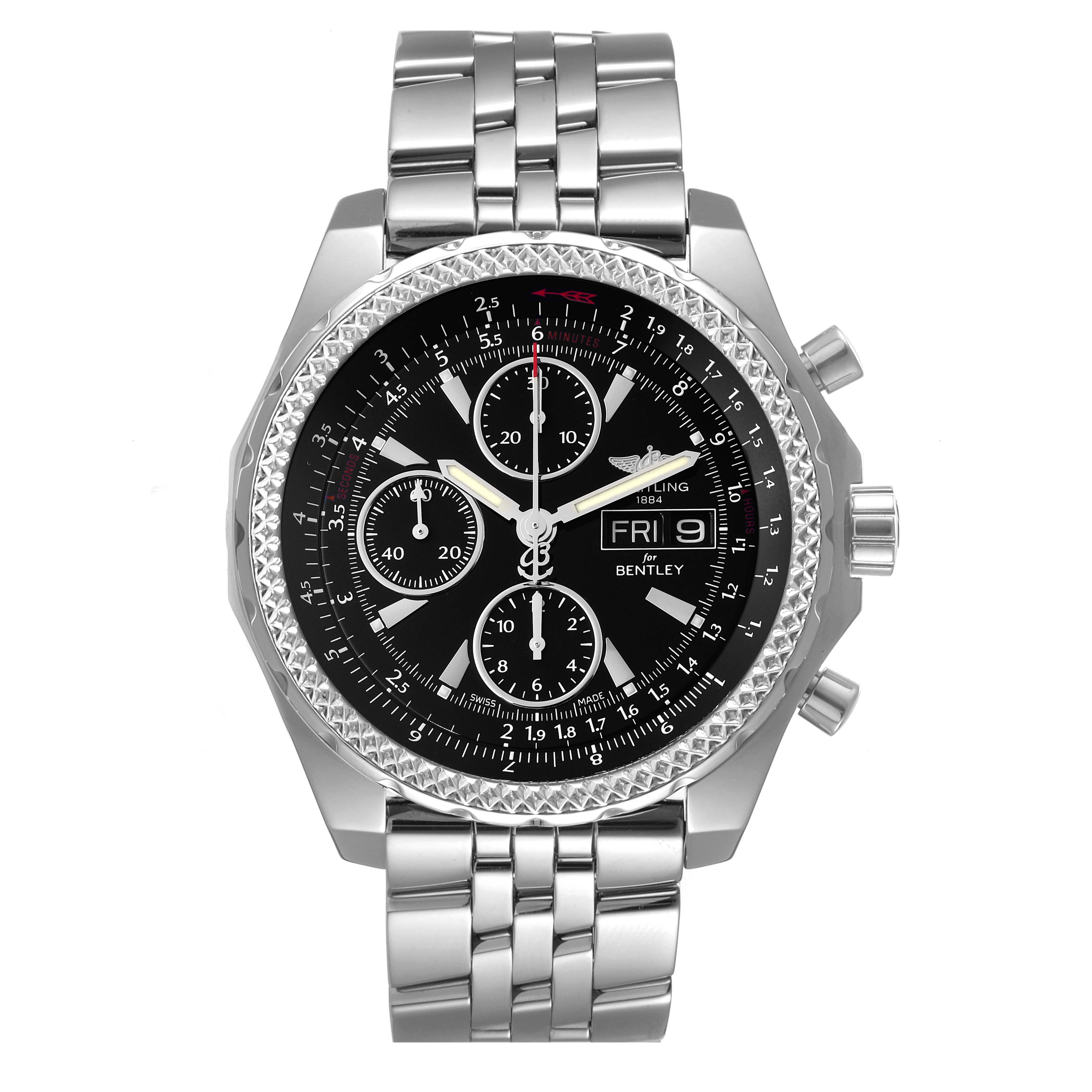 The image shows a front view of a Breitling Bentley A13362 Men's Stainless Steel Black Dial A13362 Men's Stainless Steel Black Dial watch, with its black dial, chronograph sub-dials, and stainless steel band.