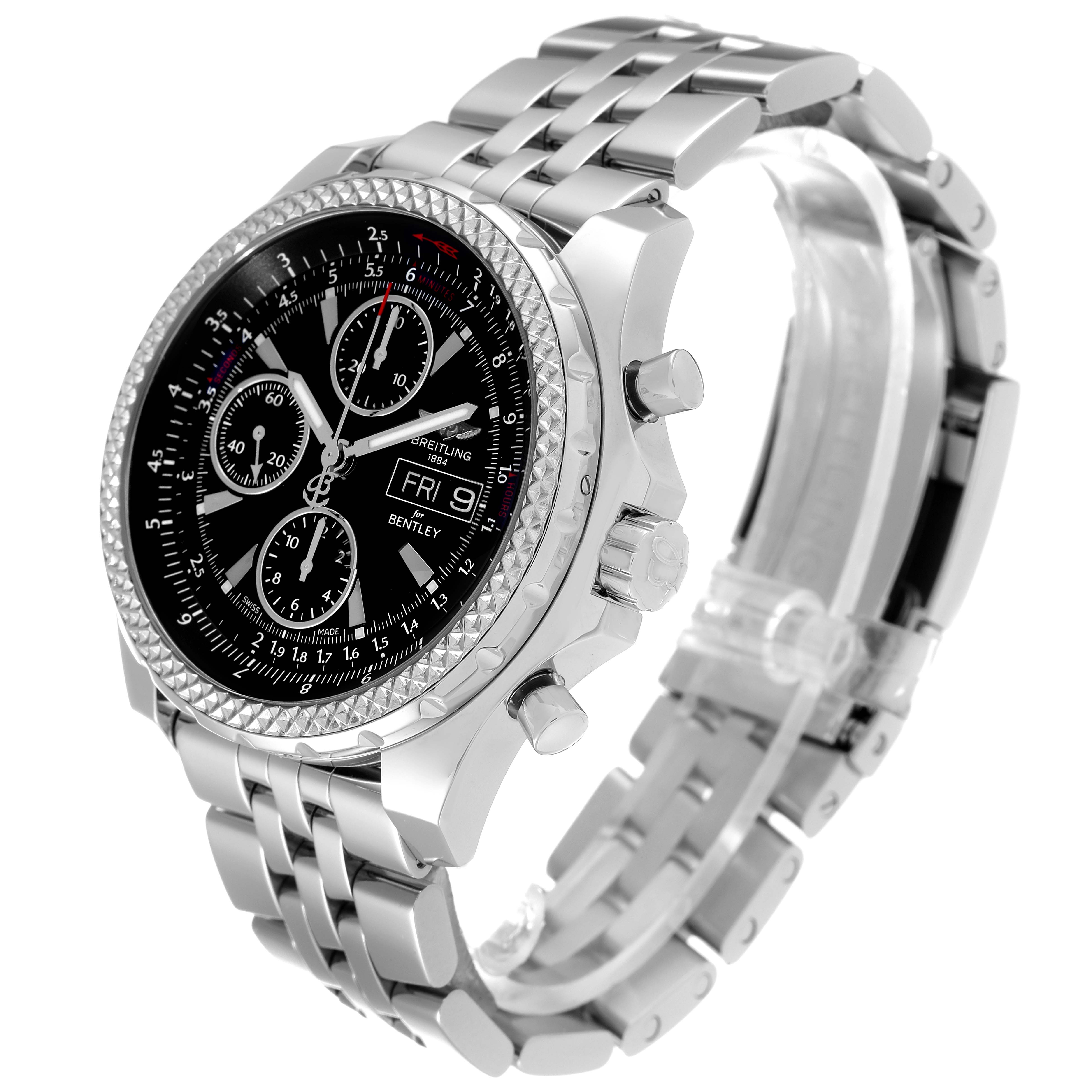 The Breitling Bentley A13362 Men's Stainless Steel Black Dial A13362 Men's Stainless Steel Black Dial watch is shown at a three-quarter angle, displaying its face, bezel, crown, pushers, and bracelet.