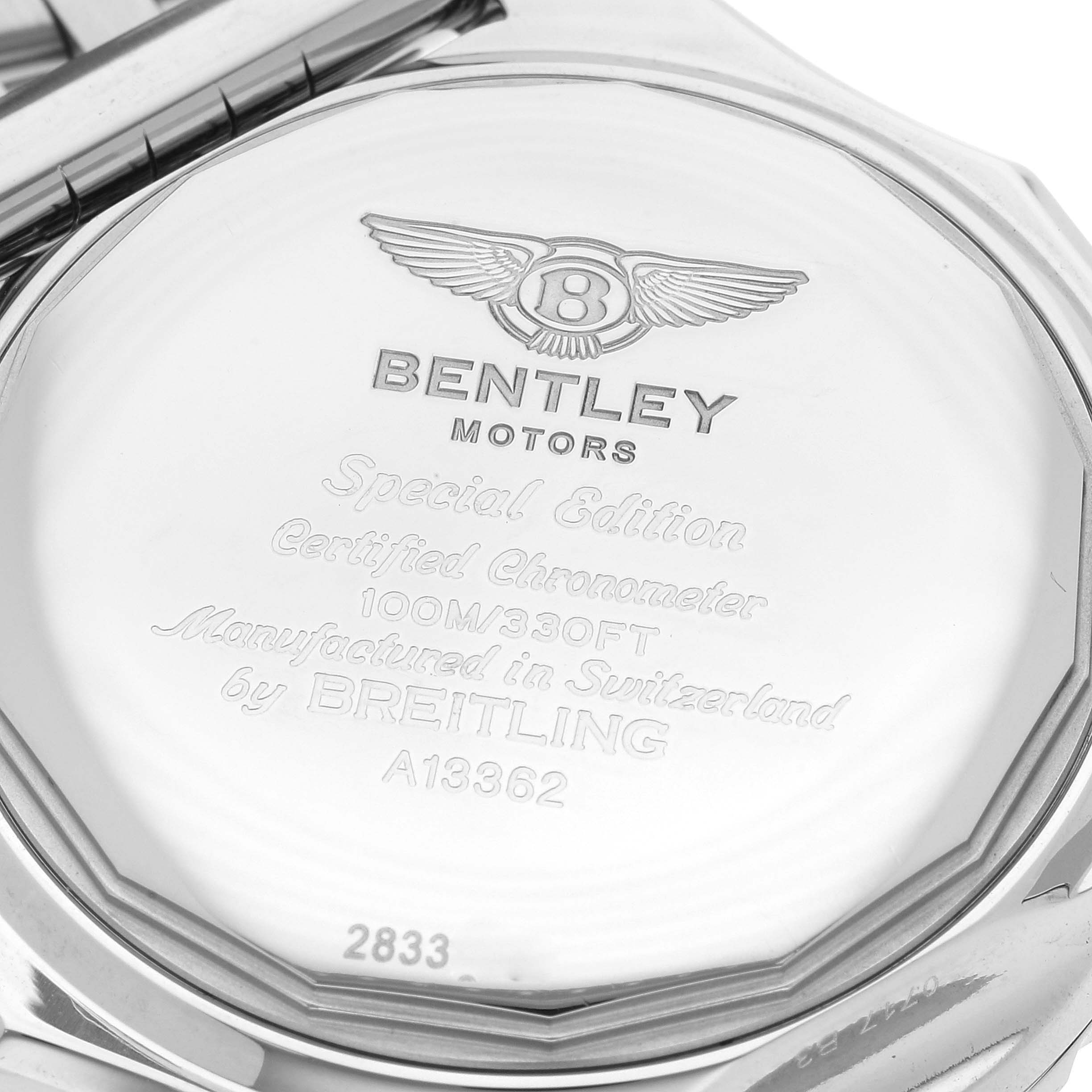 The image shows the engraved back case of a Breitling Bentley A13362 Men's Stainless Steel Black Dial A13362 Men's Stainless Steel Black Dial watch, featuring details of the model and brand.