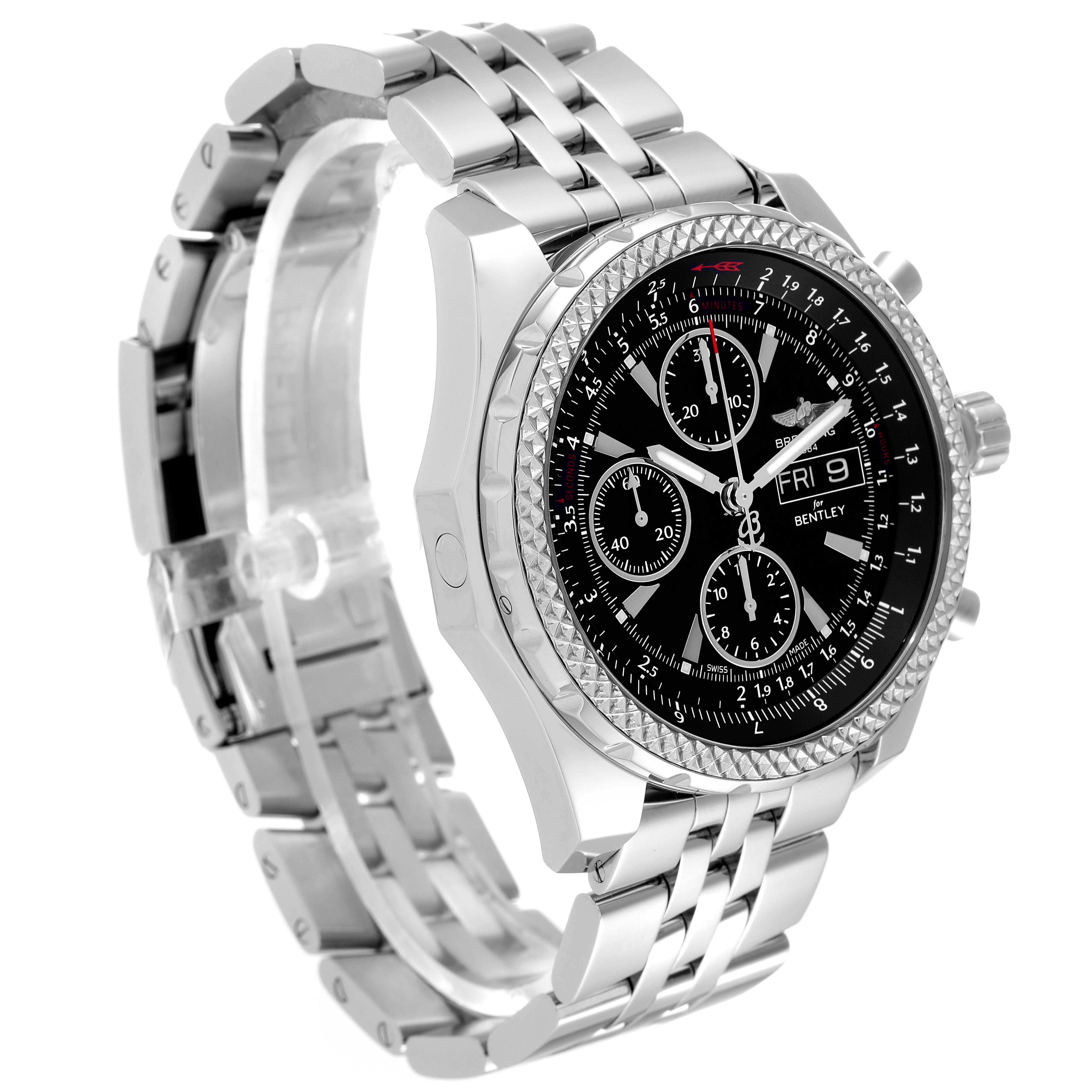 This image shows a Breitling Bentley A13362 Men's Stainless Steel Black Dial A13362 Men's Stainless Steel Black Dial watch at an angled side view, highlighting its black dial, chronograph subdials, and stainless steel bracelet.