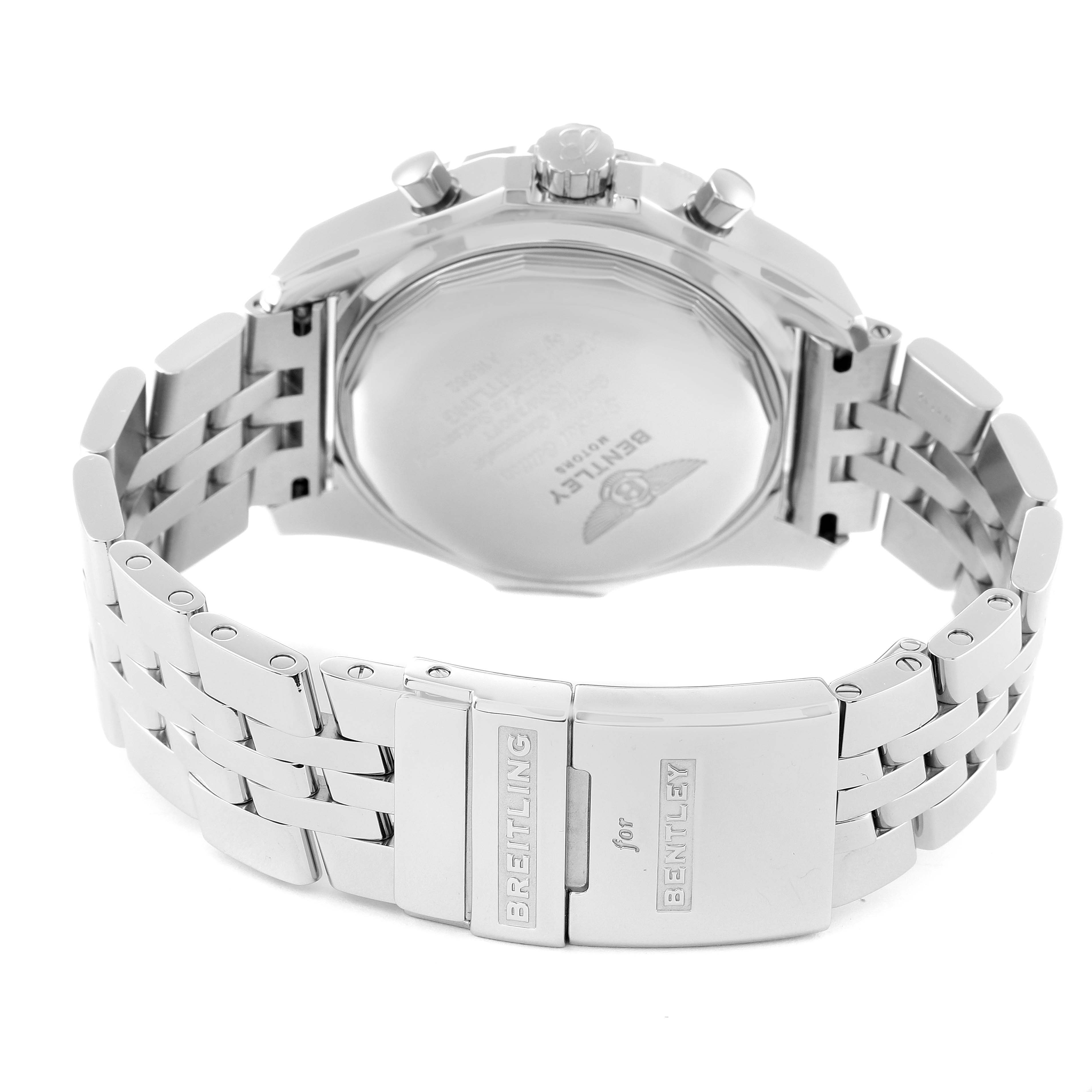 The image shows the back view and clasp of a Breitling for Bentley watch, highlighting its stainless steel bracelet and caseback.