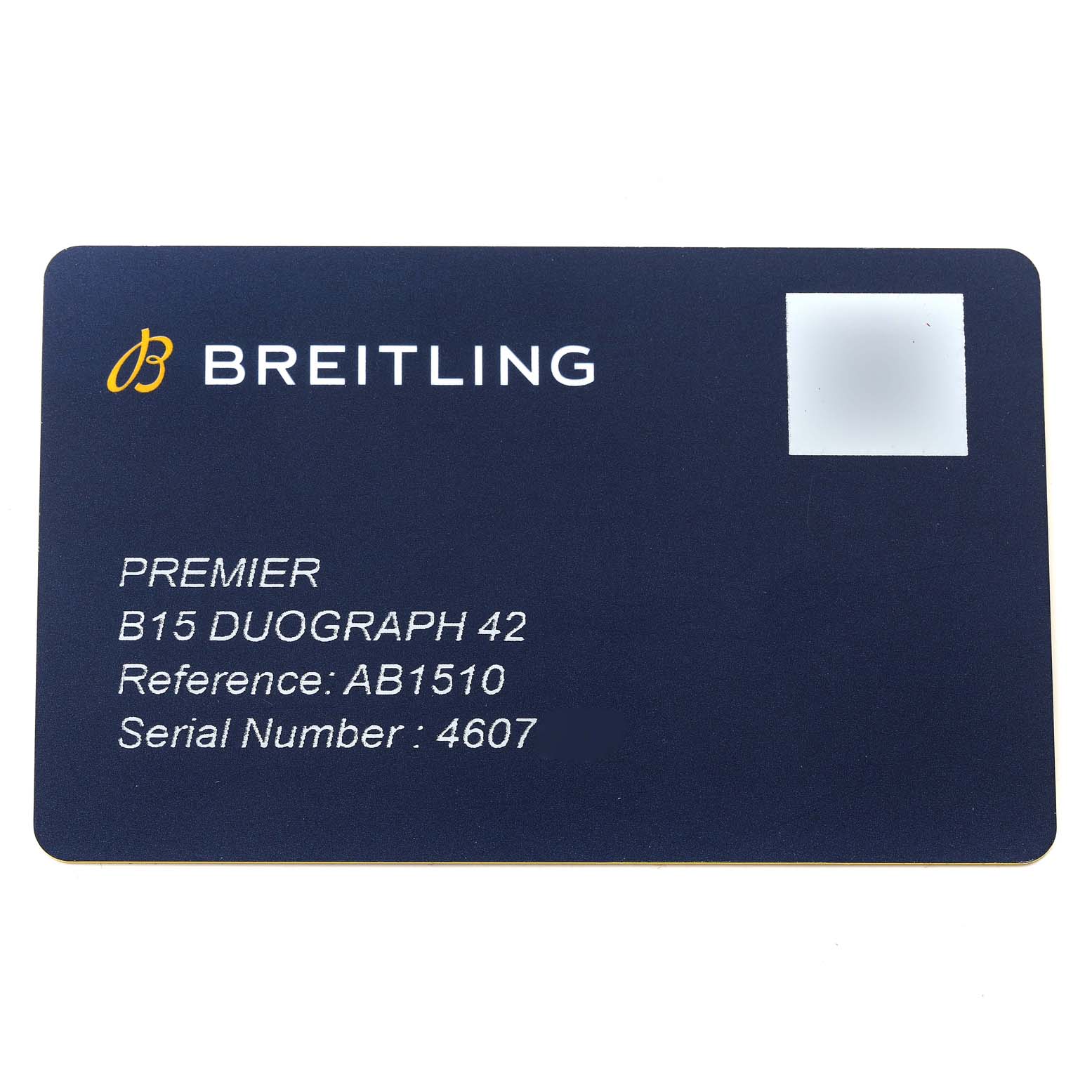 This image shows the warranty card of the Premier B15 Duograph 42 model by Breitling.