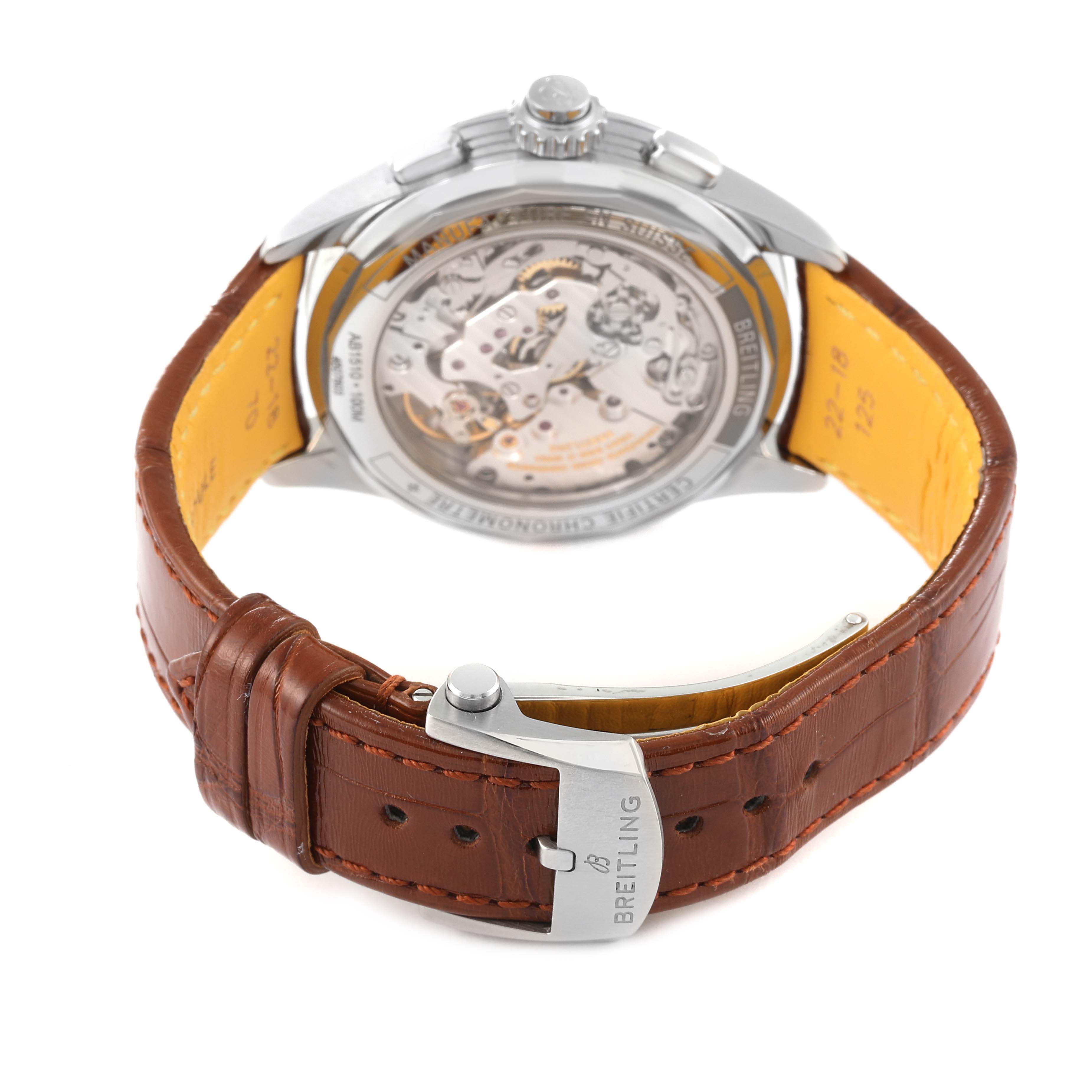 The Breitling Premier AB1510 Men's Stainless Steel Blue Dial AB1510 Men's Stainless Steel Blue Dial watch is shown from the rear, highlighting its open case back and brown leather strap.