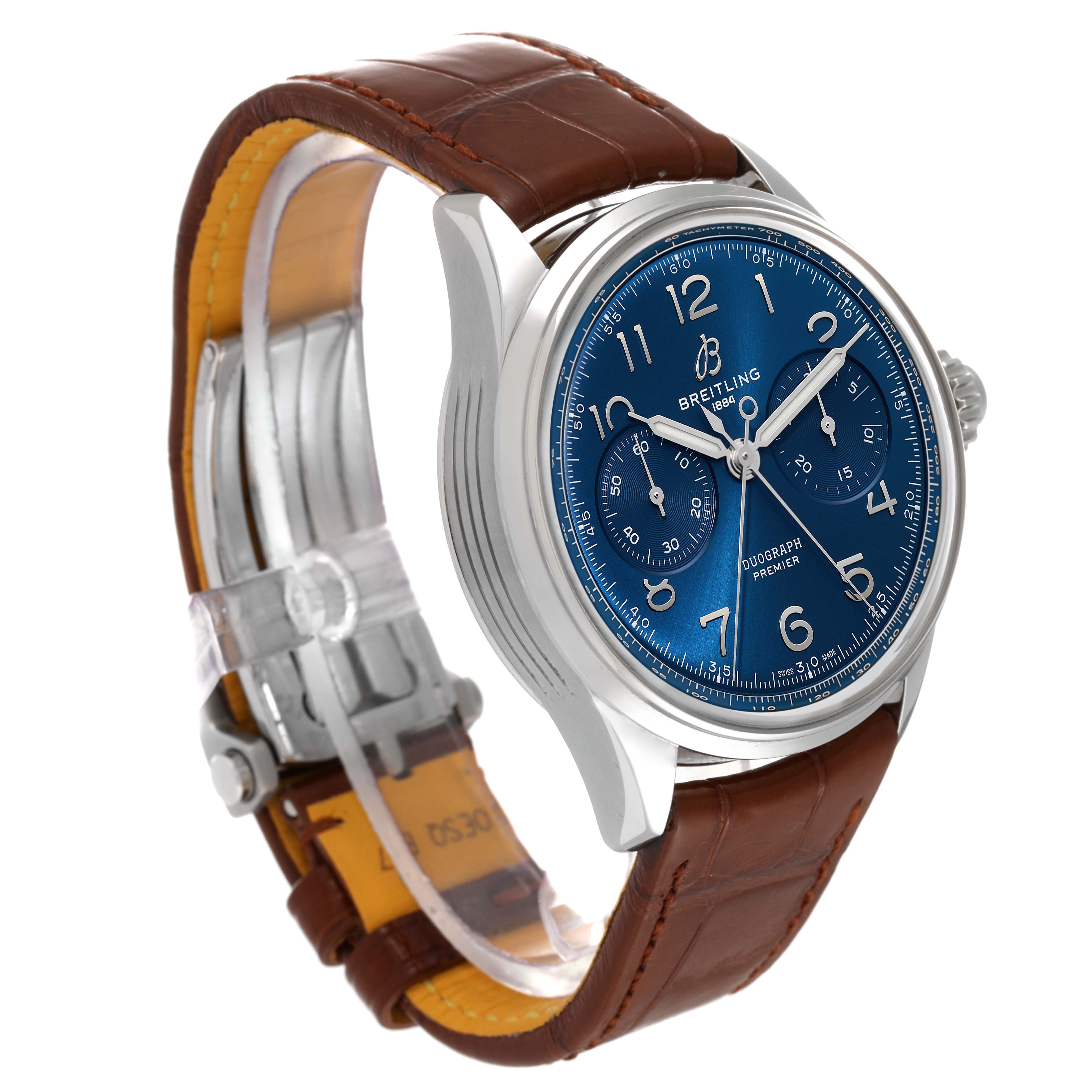 This image shows a side and front angle view of the Breitling Premier AB1510 Men's Stainless Steel Blue Dial AB1510 Men's Stainless Steel Blue Dial watch, featuring a brown leather strap and blue dial.