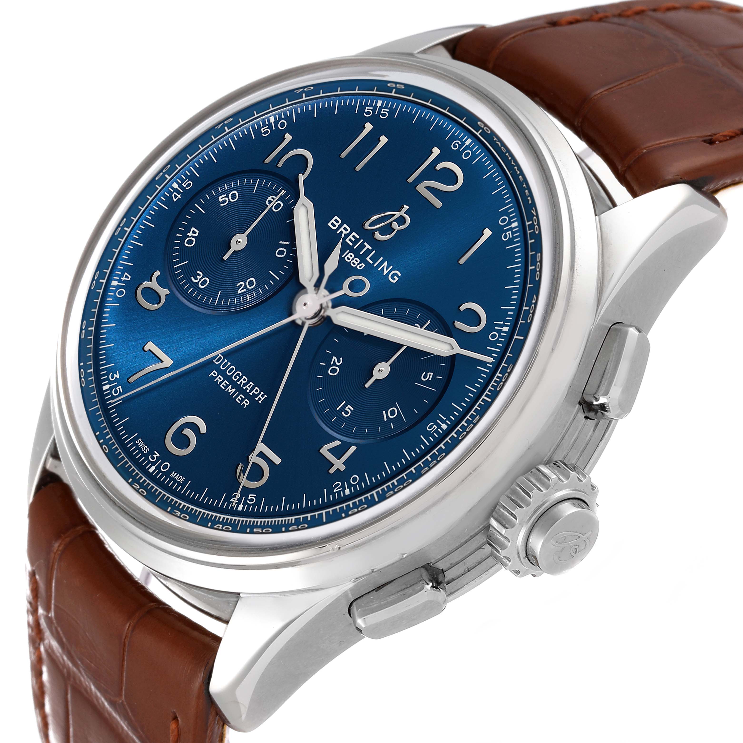 This image shows a close-up angled view of the Breitling Premier AB1510 Men's Stainless Steel Blue Dial AB1510 Men's Stainless Steel Blue Dial Duograph watch, highlighting the dial, bezel, crown, and strap.