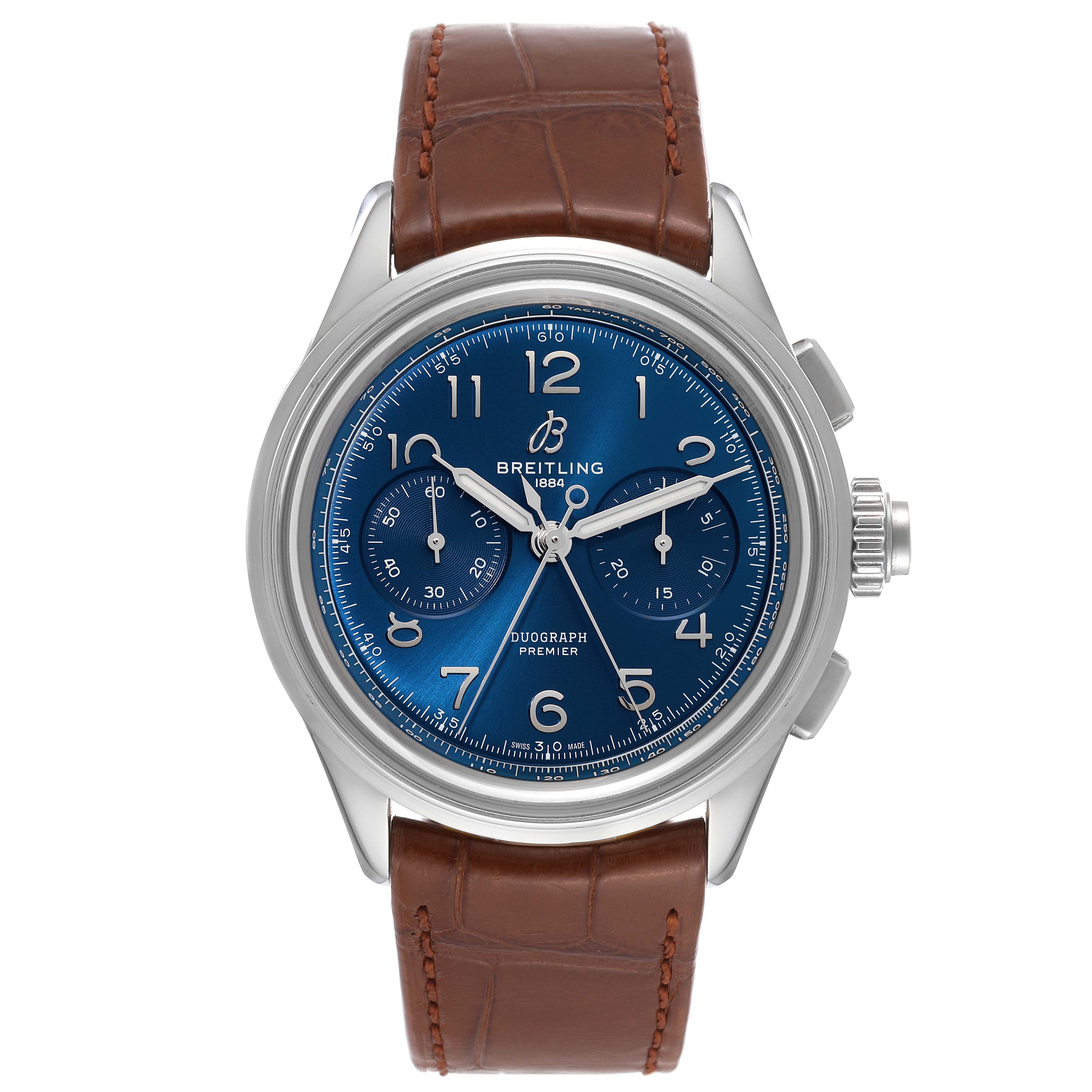 This is a Breitling Premier AB1510 Men's Stainless Steel Blue Dial AB1510 Men's Stainless Steel Blue Dial Duograph watch shown from a front angle, displaying its dial and brown leather strap.