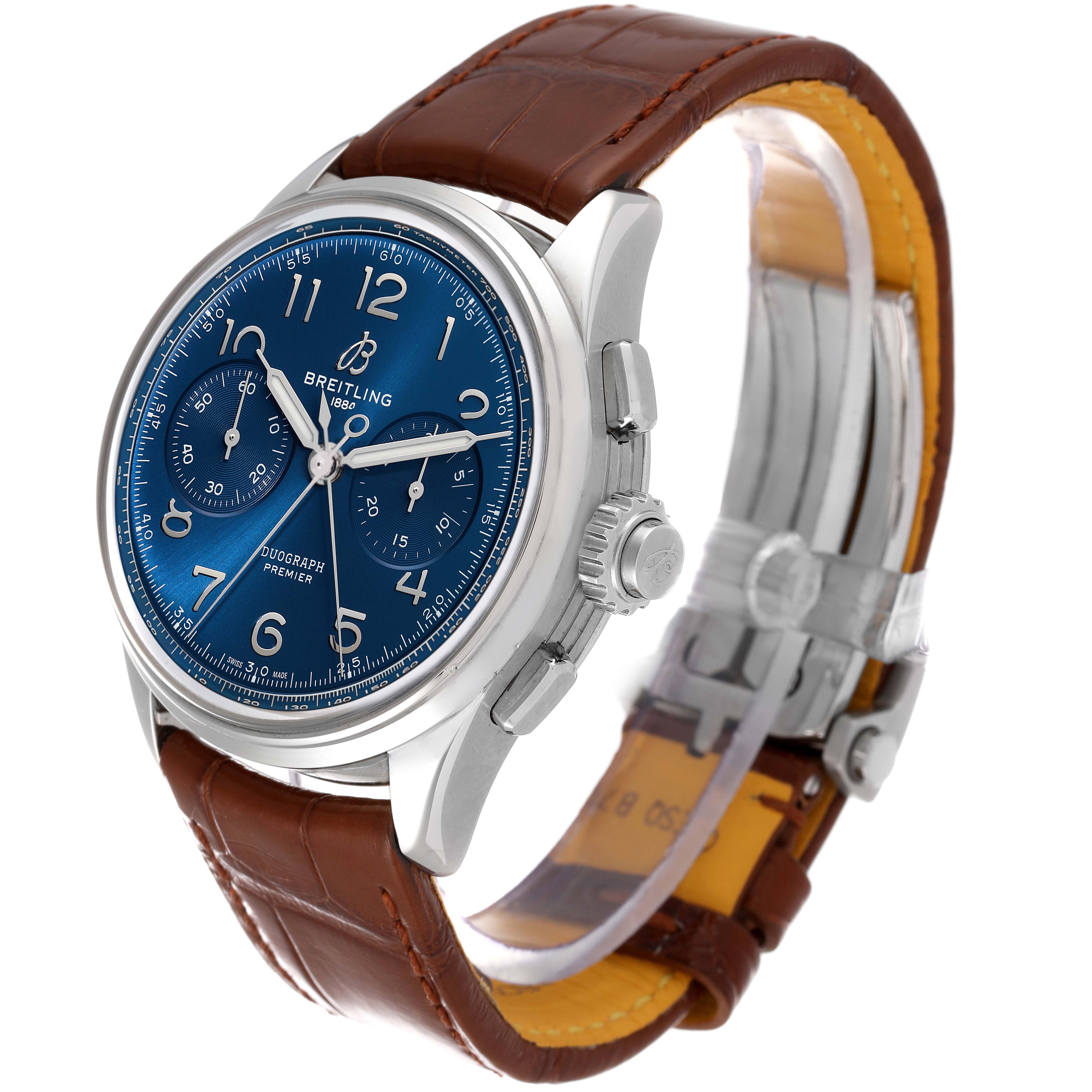 The image shows a Breitling Premier AB1510 Men's Stainless Steel Blue Dial AB1510 Men's Stainless Steel Blue Dial model watch at a three-quarter angle, displaying its blue dial, bezel, crown, and brown leather strap.