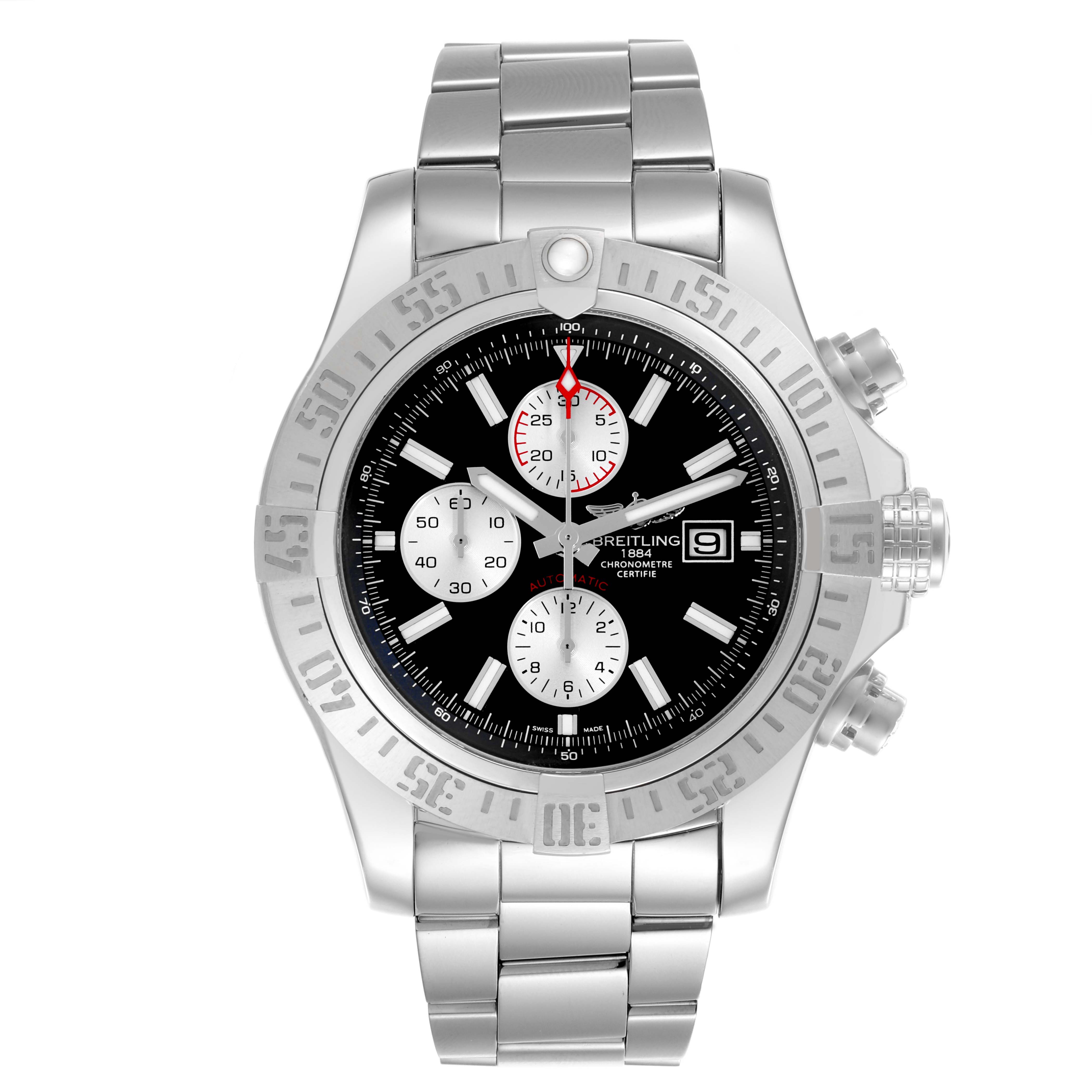 The Breitling Avenger A1337111/BC29 Men's Stainless Steel Black Dial A1337111/BC29 Men's Stainless Steel Black Dial watch is shown from a front angle, displaying its black dial, chronograph subdials, date window, and stainless steel bracelet.