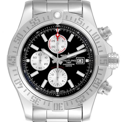 The image shows a front view of the Breitling Avenger watch, highlighting its bezel, dial, sub-dials, and date window.