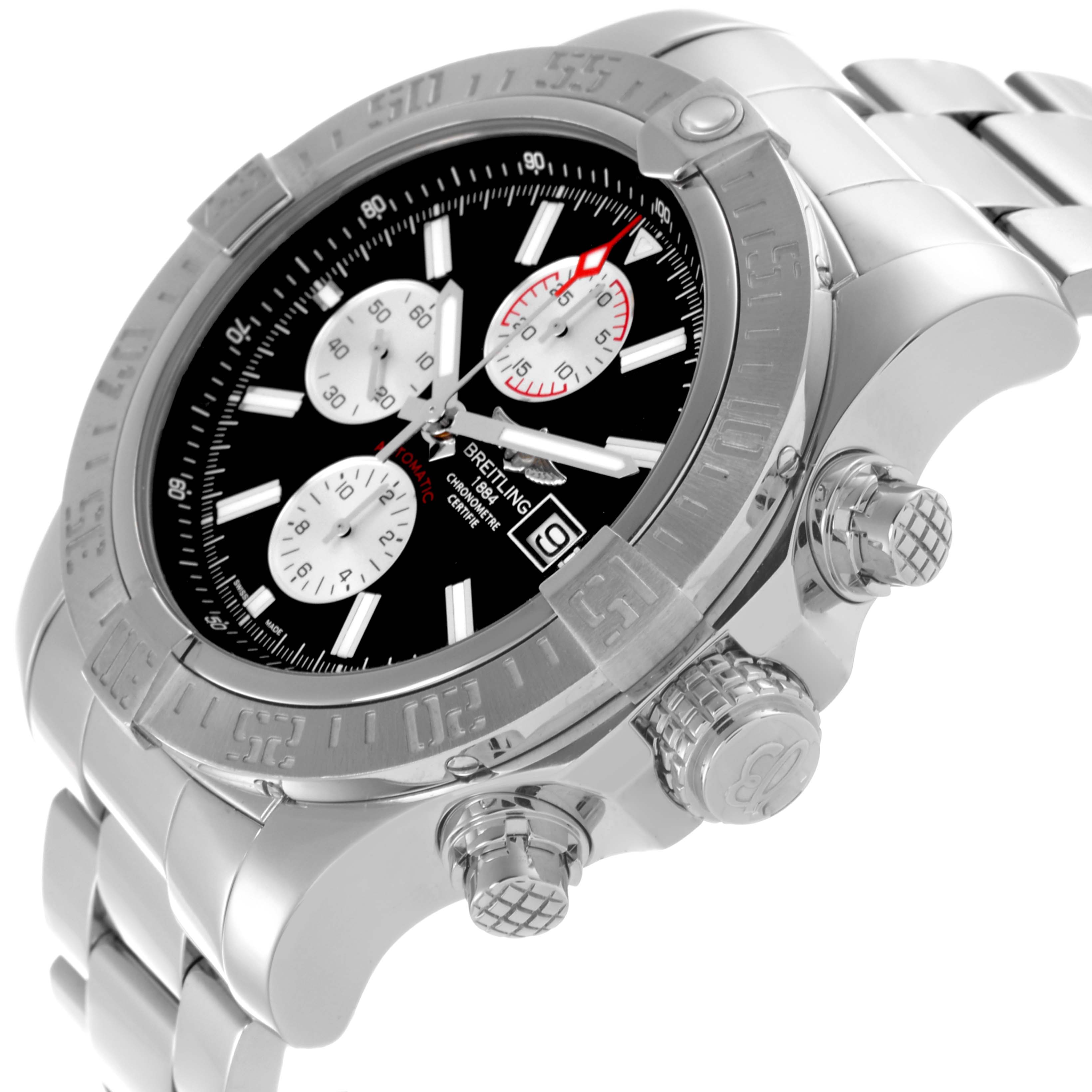 The Breitling Avenger A1337111/BC29 Men's Stainless Steel Black Dial A1337111/BC29 Men's Stainless Steel Black Dial watch is shown at a slight angle, featuring its face, bezel, crown, and pushers.