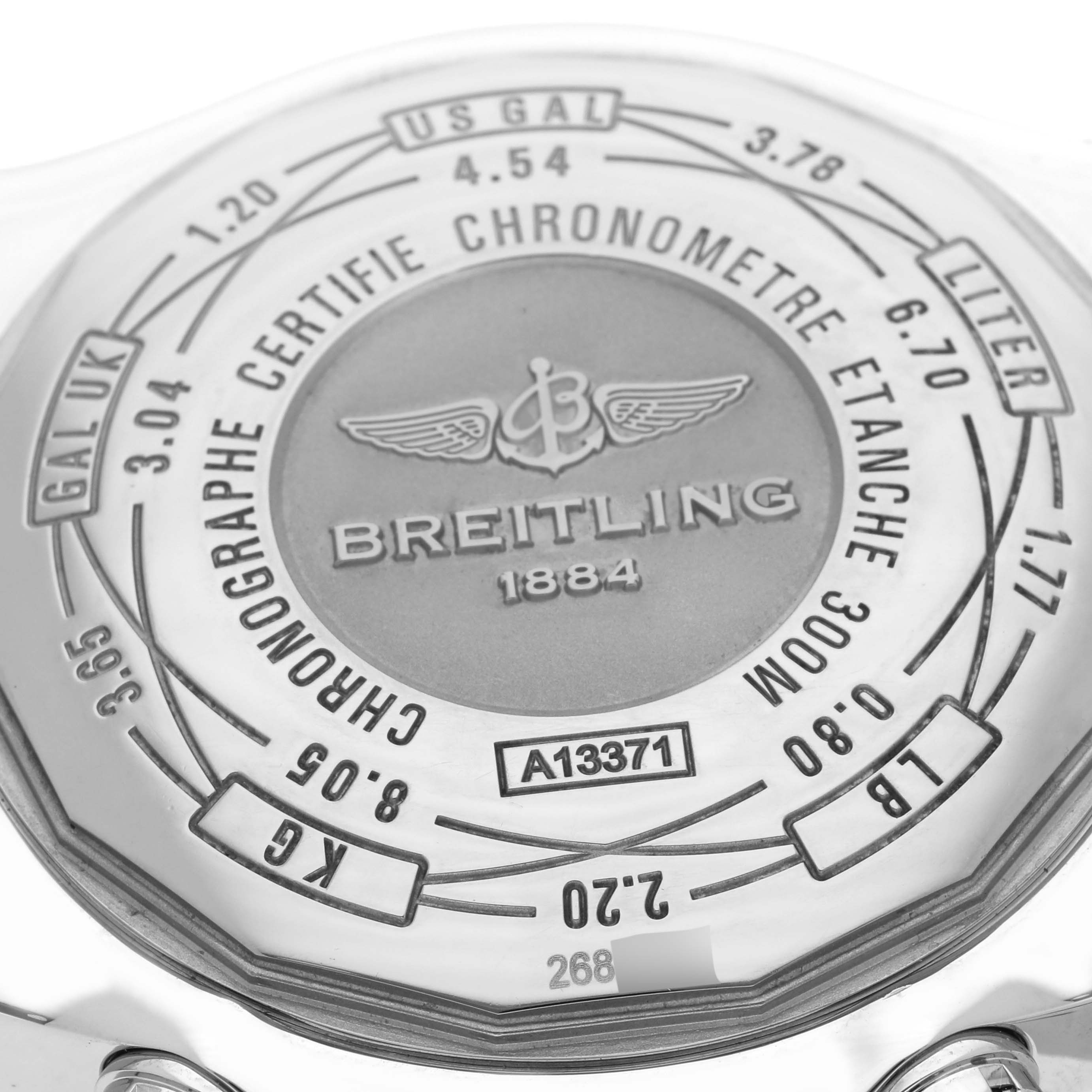 The image shows the case back of a Breitling Avenger A1337111/BC29 Men's Stainless Steel Black Dial A1337111/BC29 Men's Stainless Steel Black Dial watch, displaying engravings and specifications.