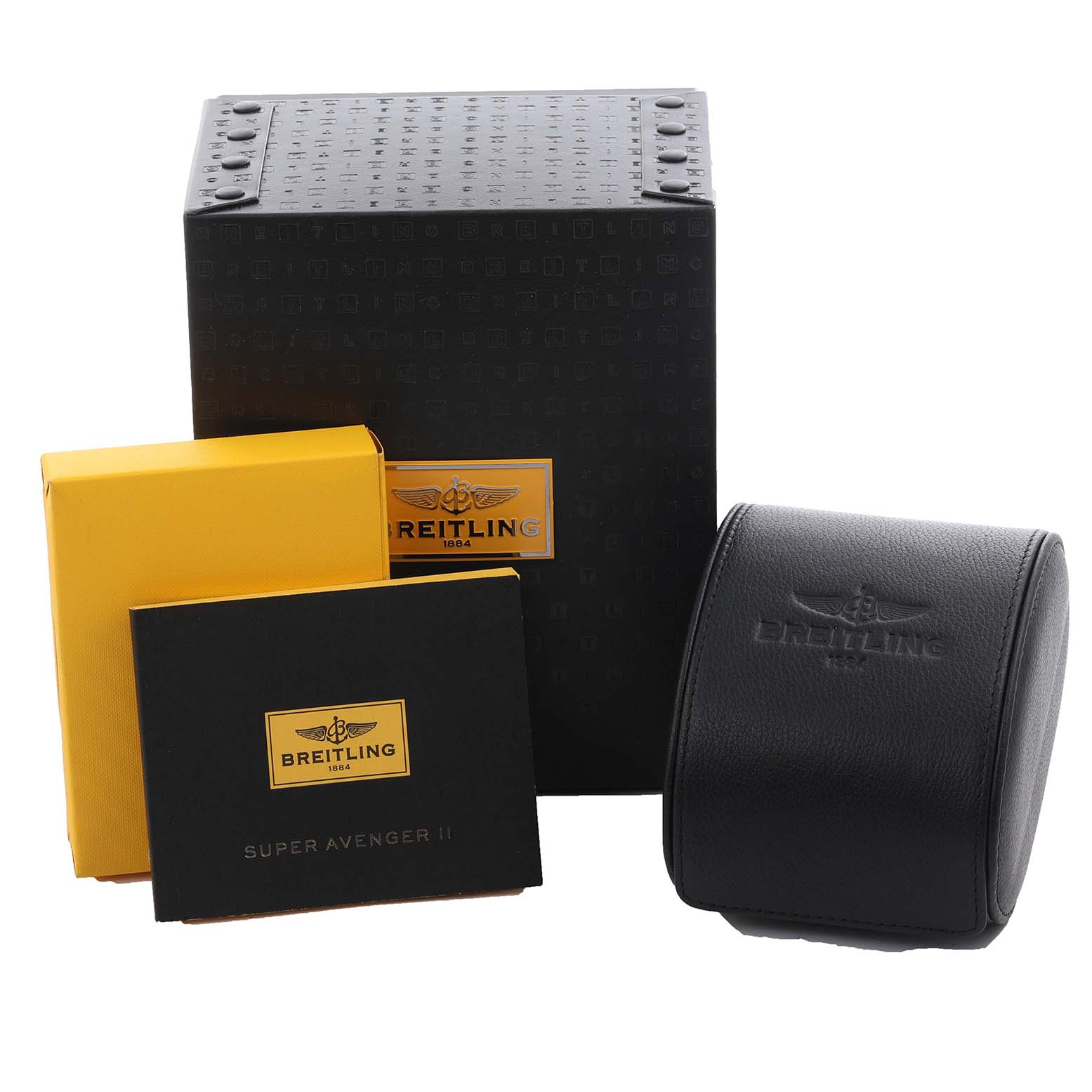 The image shows the packaging and accessories of the Breitling Avenger A1337111/BC29 Men's Stainless Steel Black Dial A1337111/BC29 Men's Stainless Steel Black Dial watch, including boxes and a case.