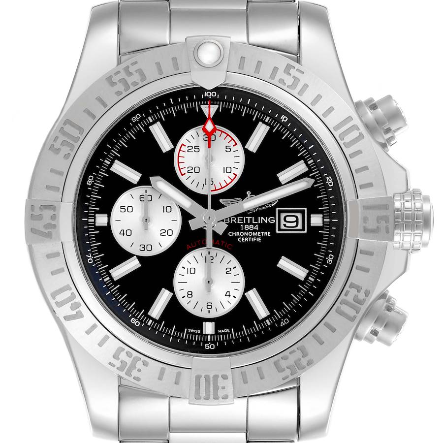 The Breitling Avenger watch is shown from a front angle, displaying the bezel, dial, subdials, and bracelet.