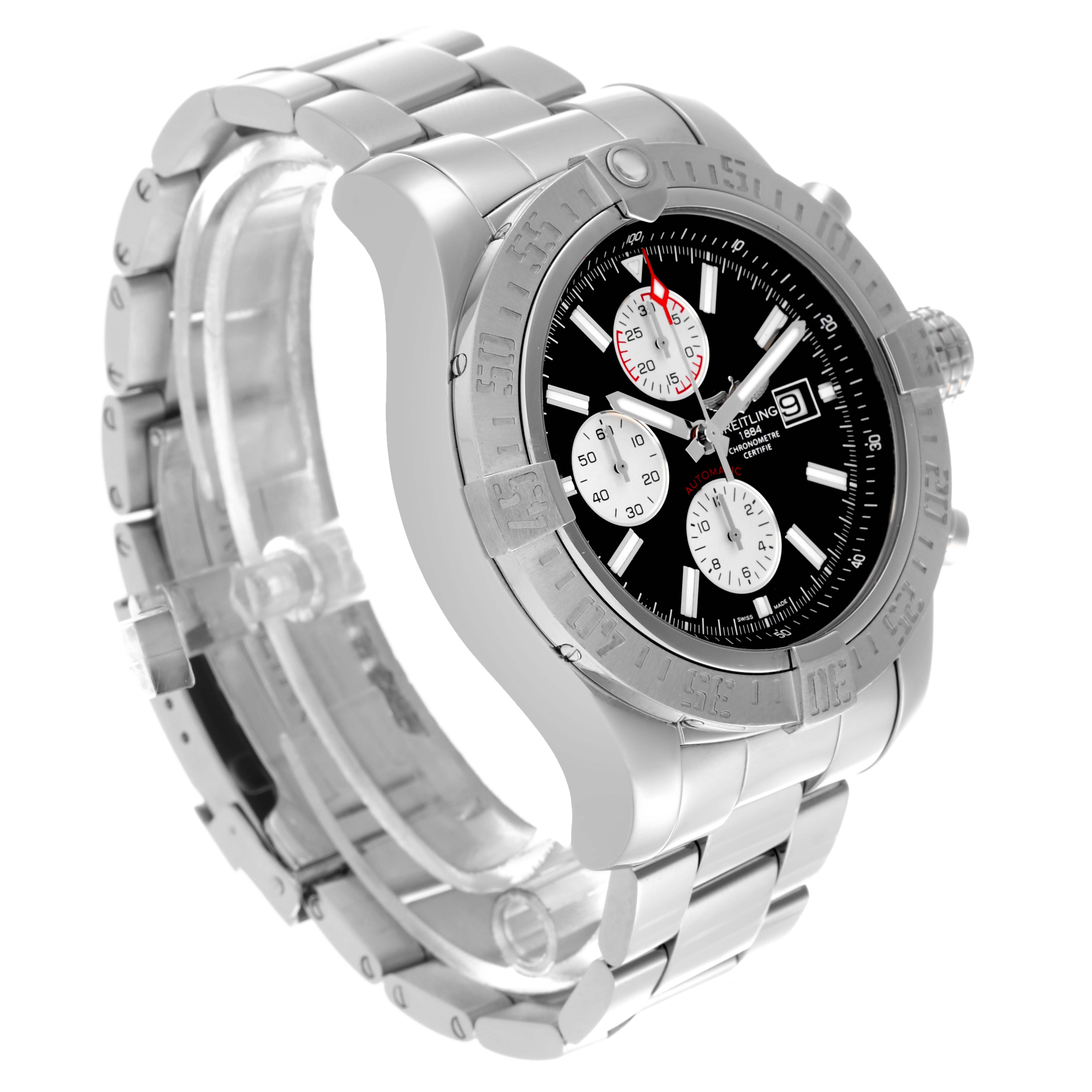 The Breitling Avenger A1337111/BC29 Men's Stainless Steel Black Dial A1337111/BC29 Men's Stainless Steel Black Dial watch is shown at an angled side view, highlighting the bezel, dial, and bracelet.