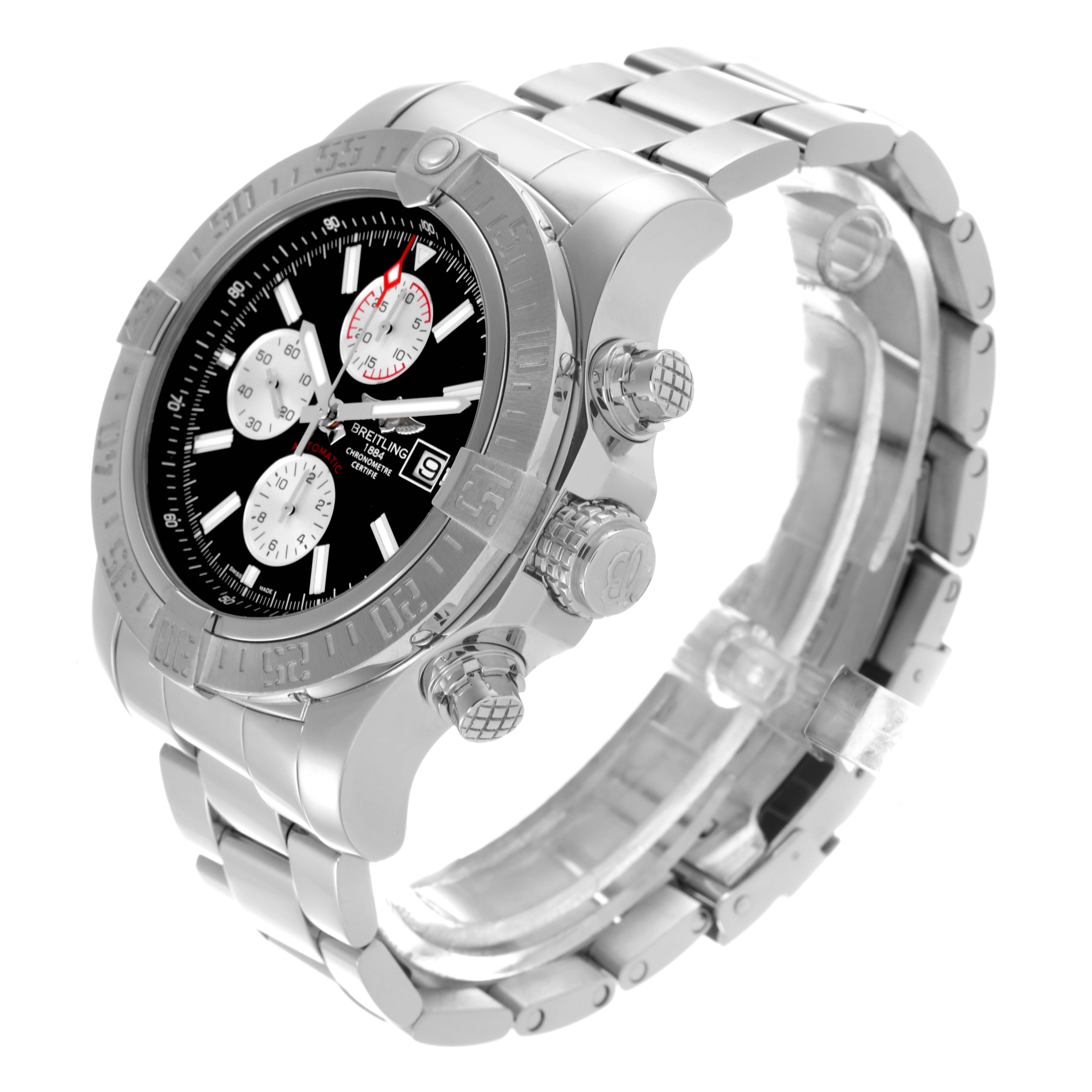 The Breitling Avenger A1337111/BC29 Men's Stainless Steel Black Dial A1337111/BC29 Men's Stainless Steel Black Dial watch is shown at an angle highlighting the face, bezel, and bracelet with side view of the crown and pushers.