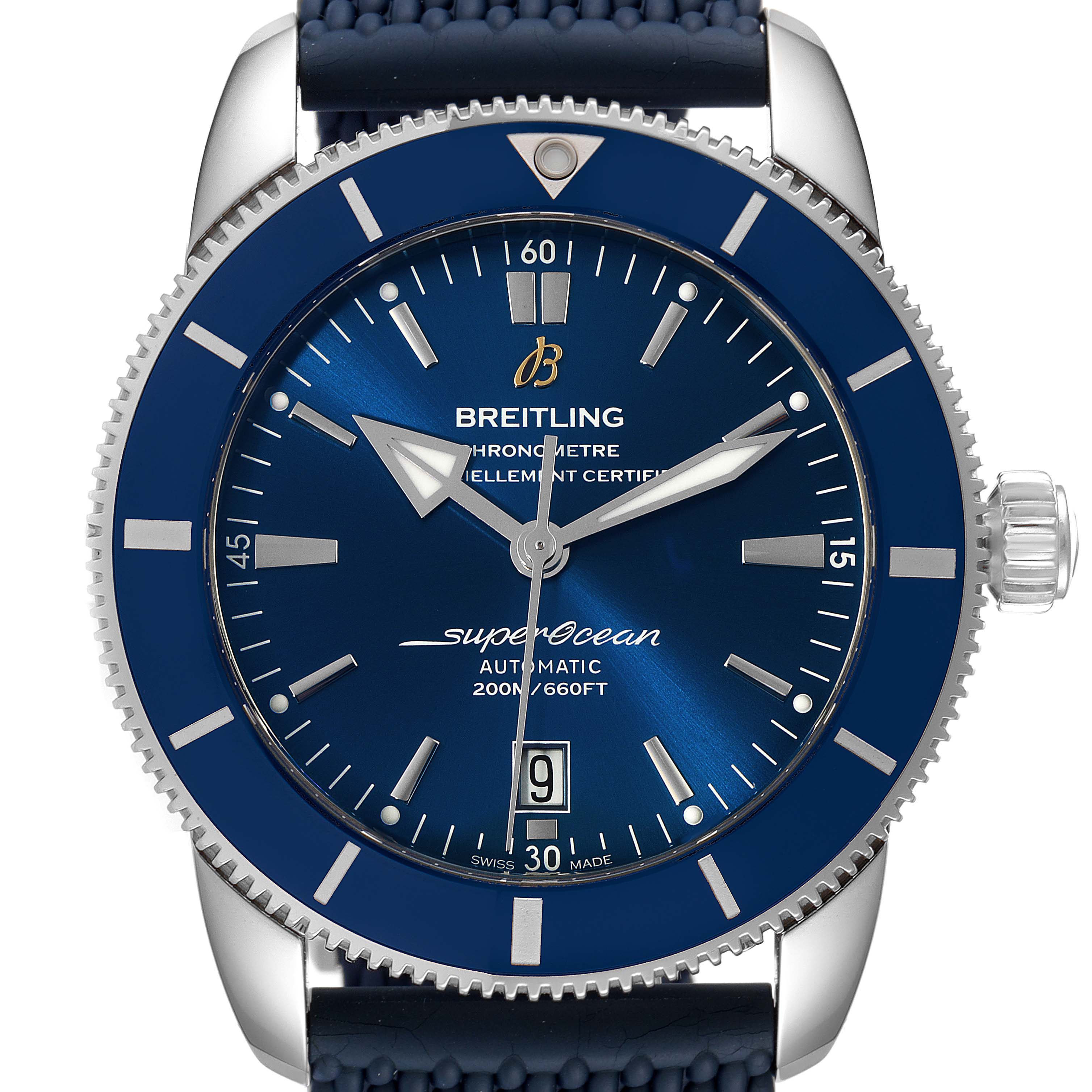 The image shows a frontal view of the dial and bezel of a Breitling Superocean AB2020 Men's Stainless Steel Blue Dial AB2020 Men's Stainless Steel Blue Dial watch with a blue face and strap.