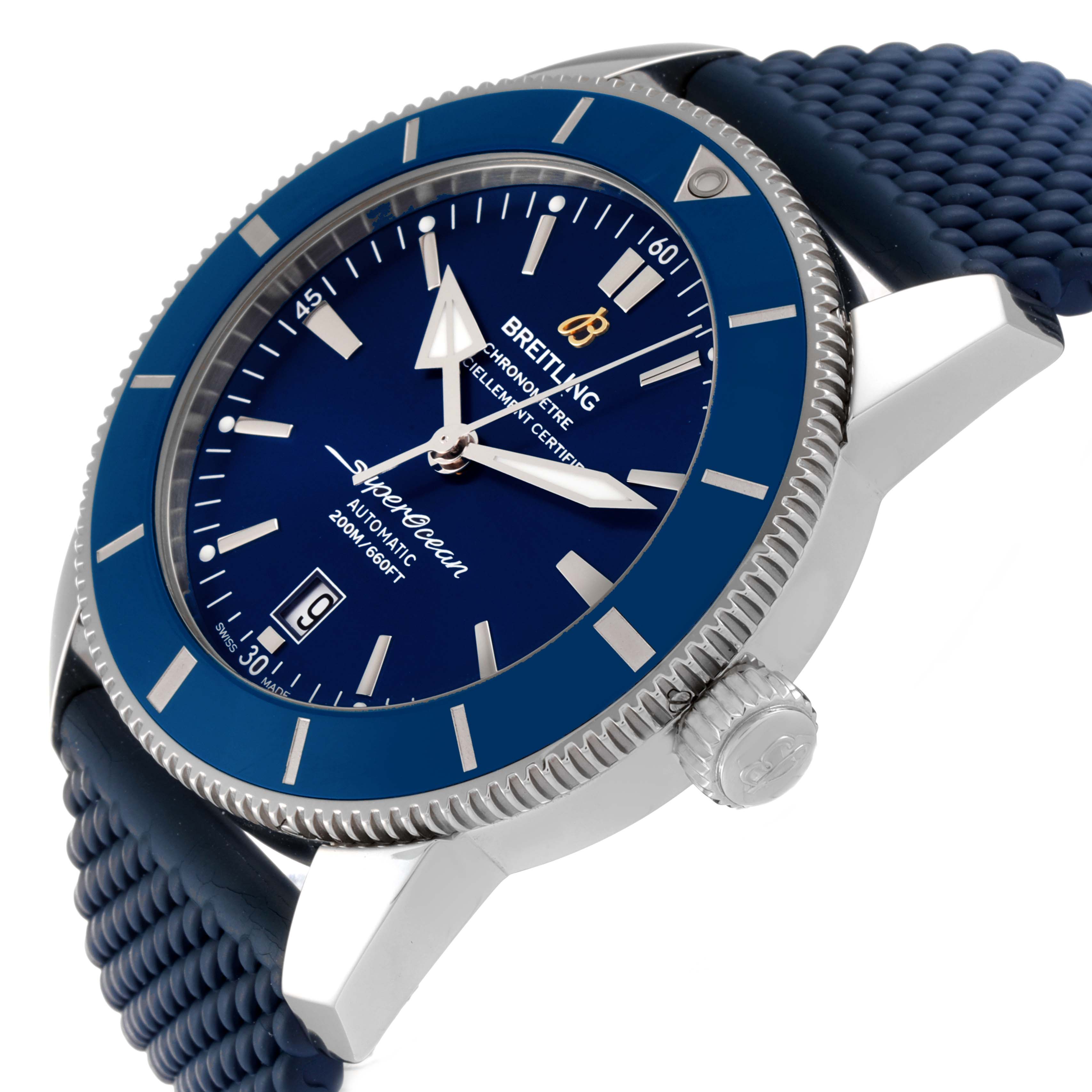 The Breitling Superocean AB2020 Men's Stainless Steel Blue Dial AB2020 Men's Stainless Steel Blue Dial watch is shown at an angled side view, revealing its blue dial, bezel, and strap, along with the crown and lugs.