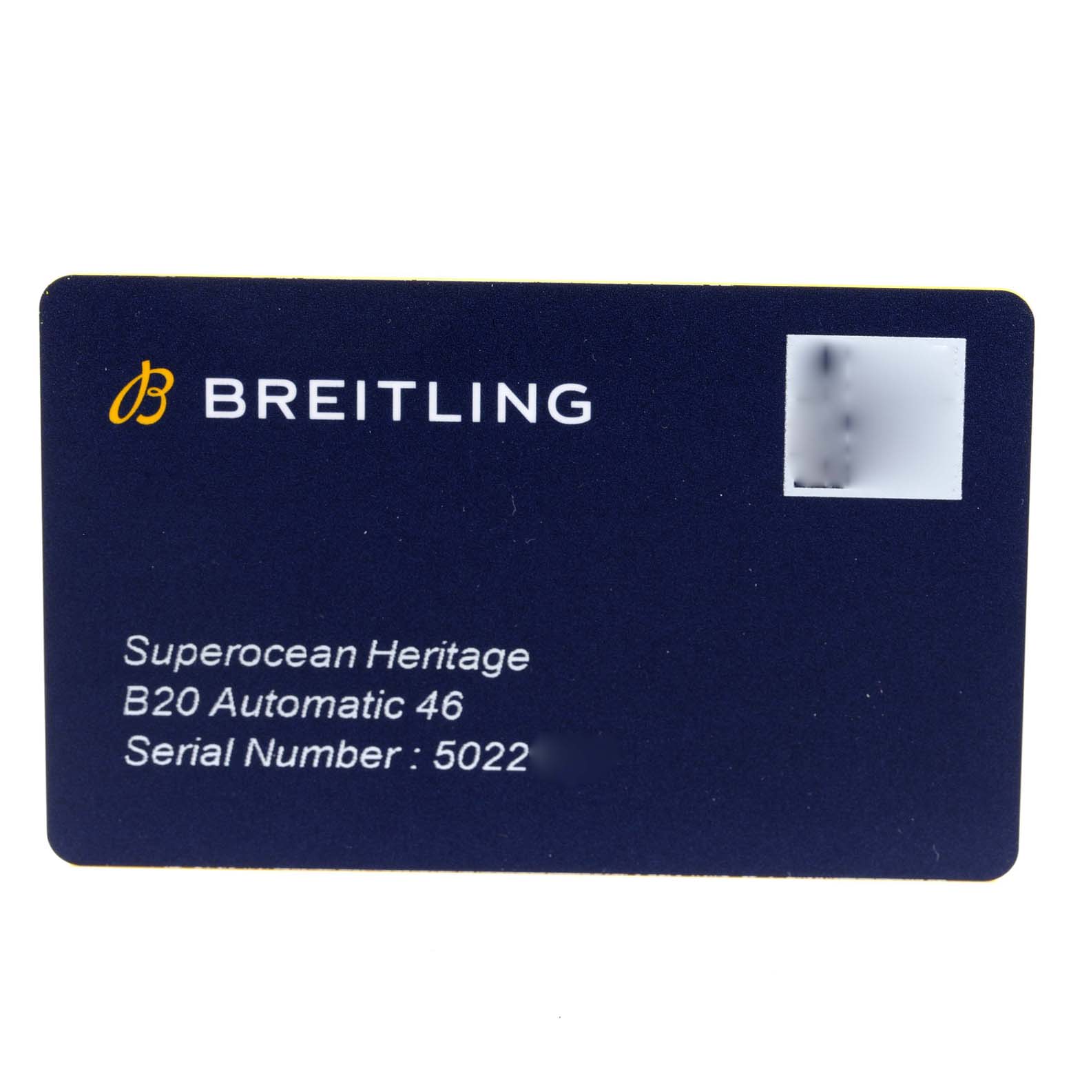 This image shows the warranty card for a Breitling Superocean AB2020 Men's Stainless Steel Blue Dial AB2020 Men's Stainless Steel Blue Dial Heritage B20 Automatic 46 watch.