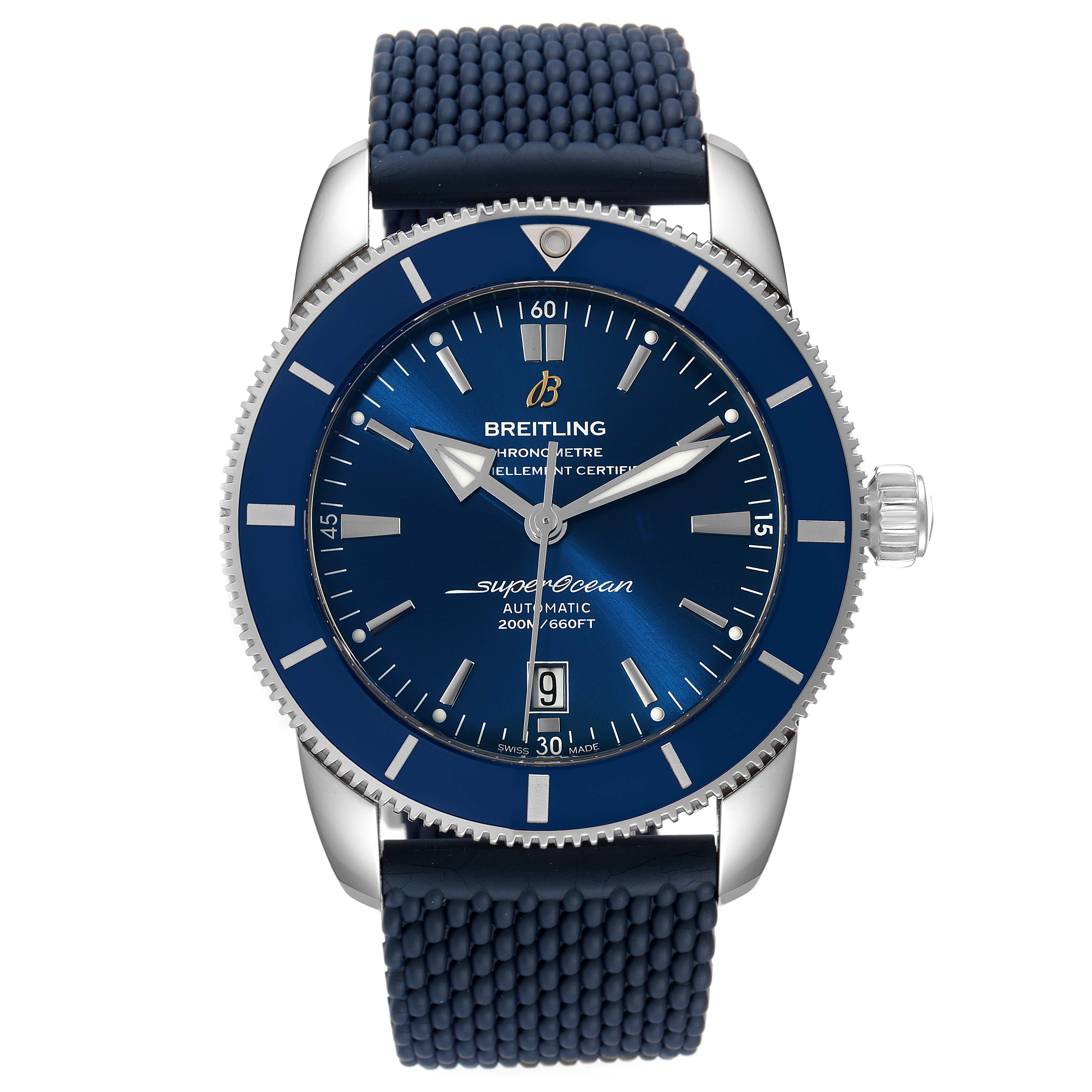 The Breitling Superocean AB2020 Men's Stainless Steel Blue Dial AB2020 Men's Stainless Steel Blue Dial watch is shown from a front angle, displaying its dial, bezel, crown, and strap.