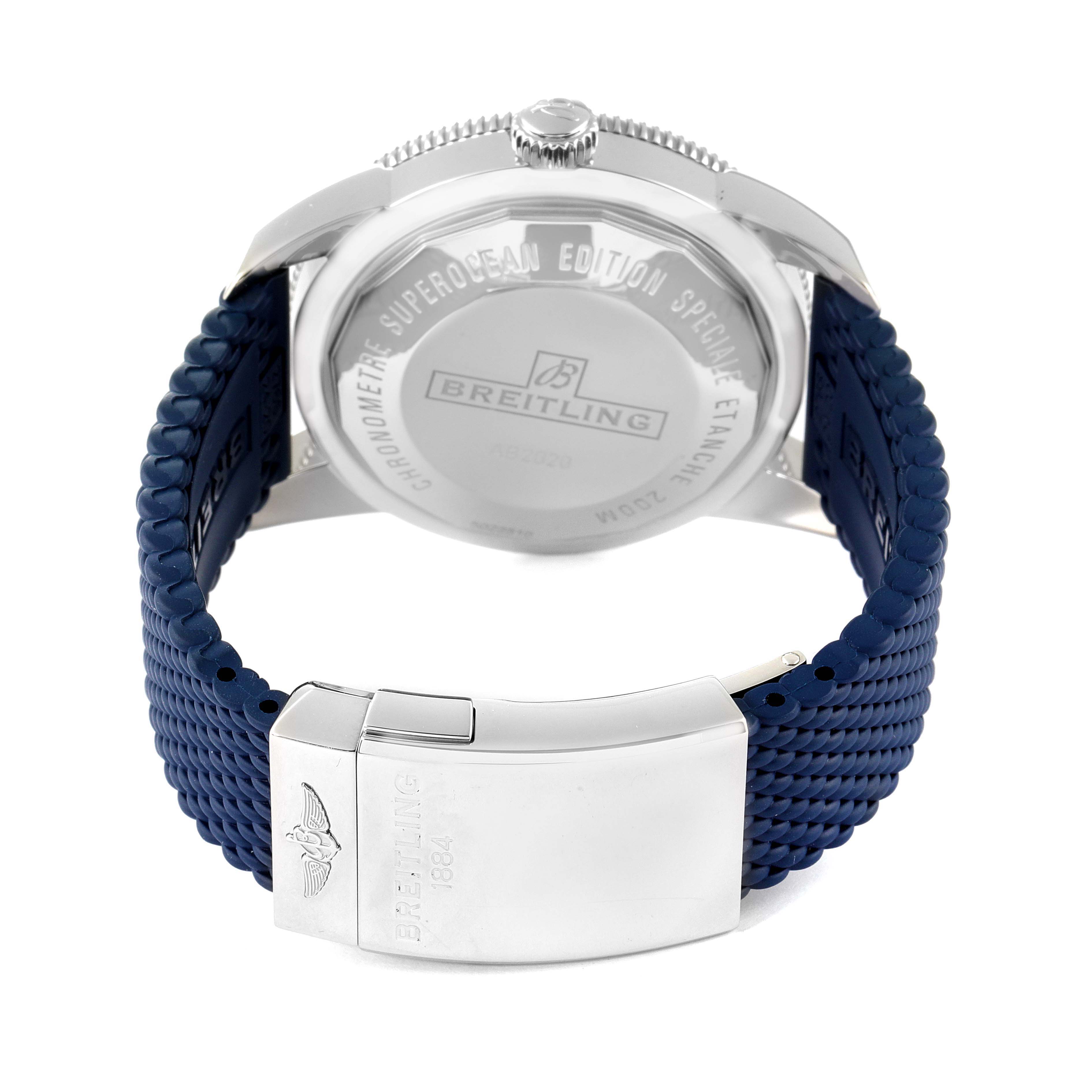 The image shows the back view of a Breitling Superocean AB2020 Men's Stainless Steel Blue Dial AB2020 Men's Stainless Steel Blue Dial watch, showcasing its blue strap and engraved case back.