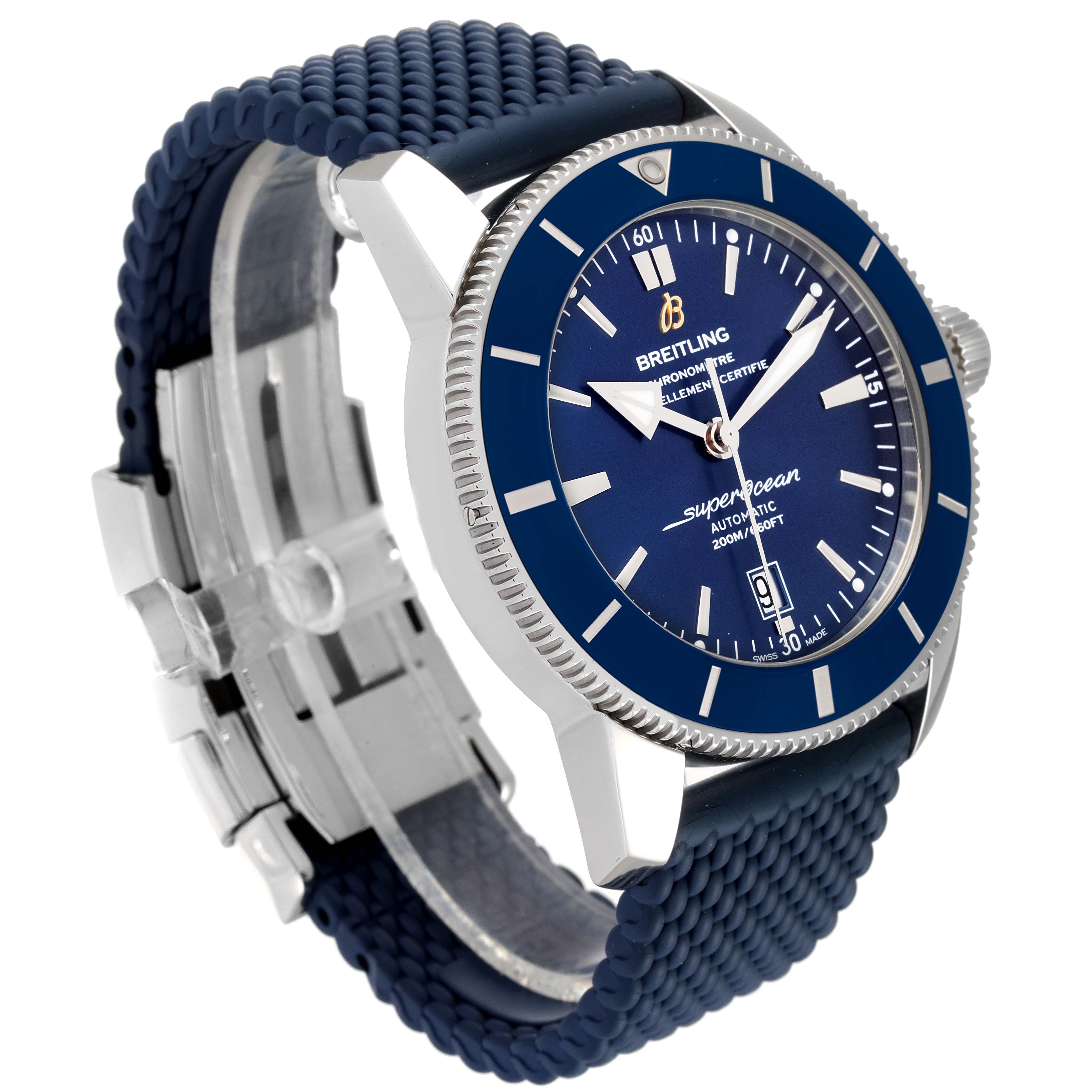 The image shows a Breitling Superocean AB2020 Men's Stainless Steel Blue Dial AB2020 Men's Stainless Steel Blue Dial watch at a three-quarter angle, highlighting its blue dial, bezel, and textured strap.