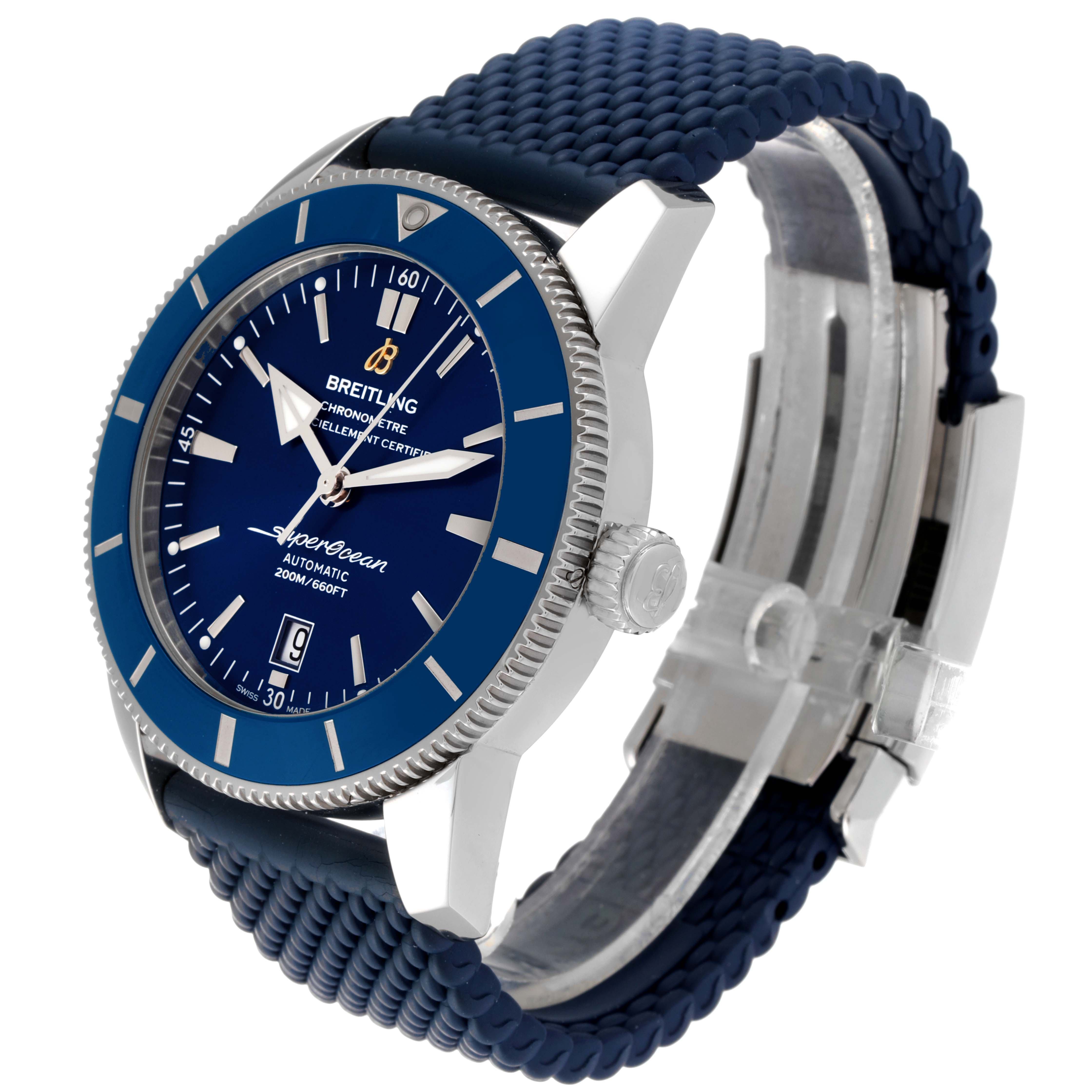 The Breitling Superocean AB2020 Men's Stainless Steel Blue Dial AB2020 Men's Stainless Steel Blue Dial watch is shown at a slight angle, highlighting the face, bezel, crown, and a portion of the strap, including the clasp.