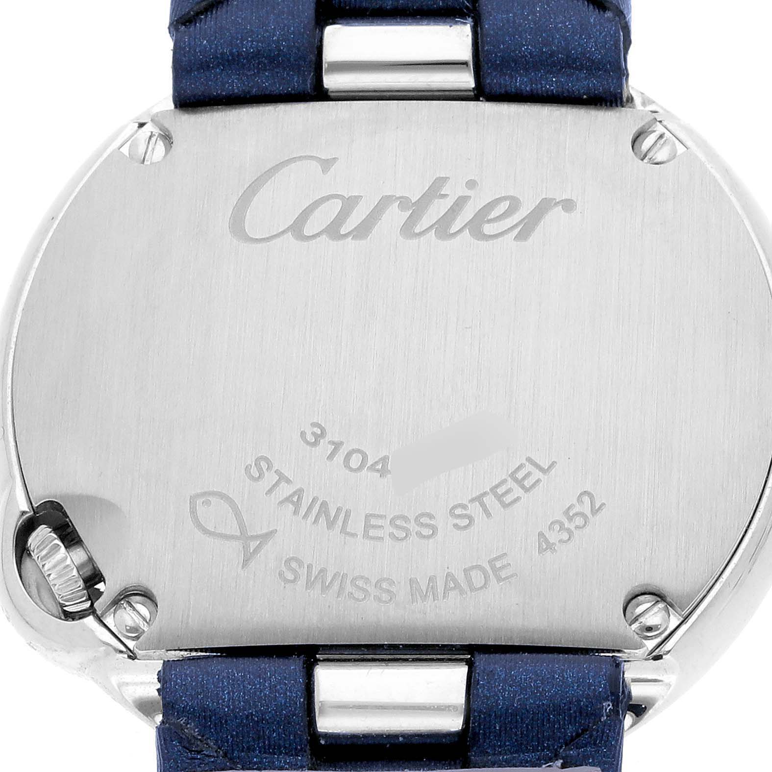 The image shows the back of the Cartier Ballon Blanc W4BL0002 Women's Stainless Steel Silver Dial W4BL0002 Women's Stainless Steel Silver Dial watch, highlighting the stainless steel case and part of the strap.