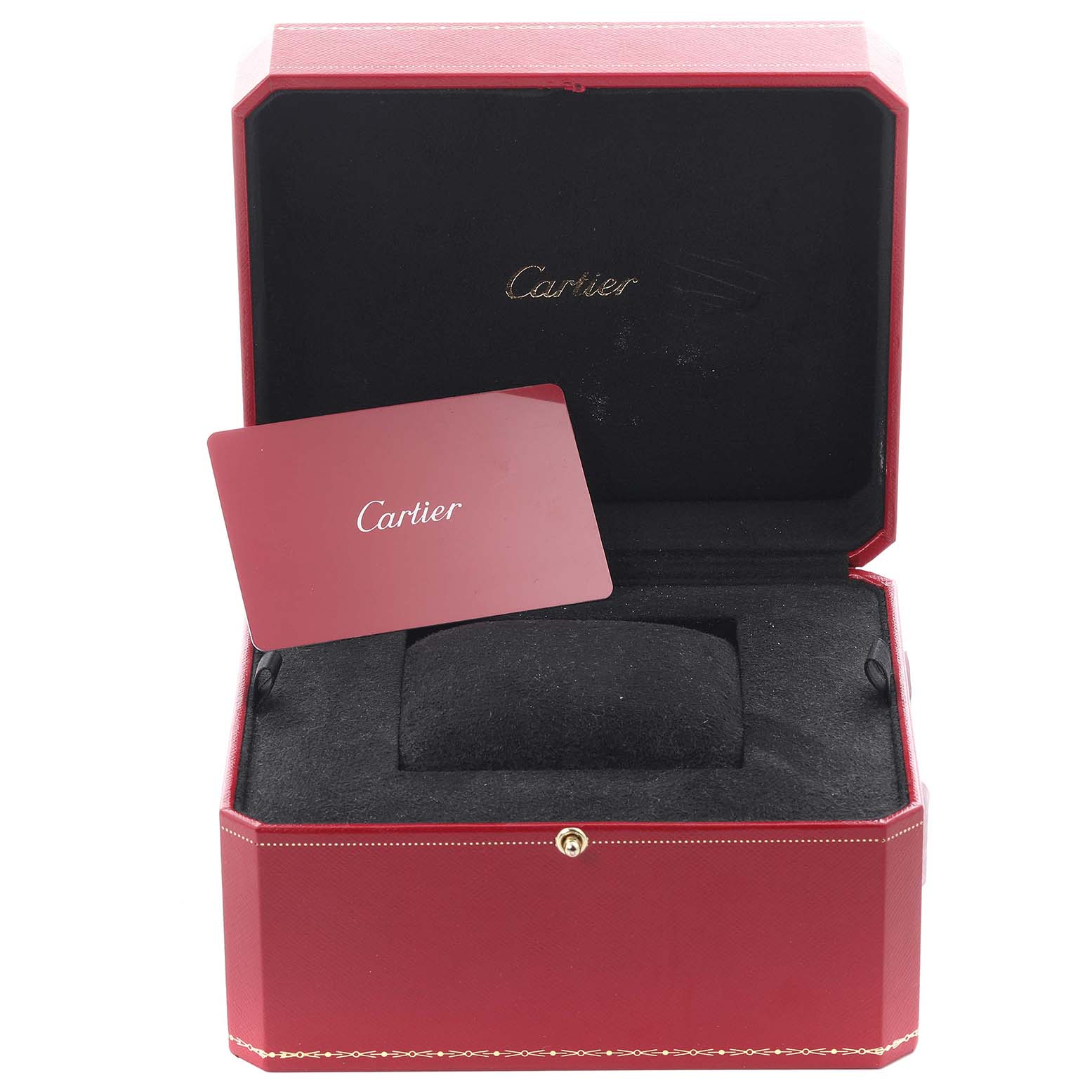 The image shows the Cartier Ballon Blanc W4BL0002 Women's Stainless Steel Silver Dial W4BL0002 Women's Stainless Steel Silver Dial watch's open box with a red Cartier card and a cushion for the watch.