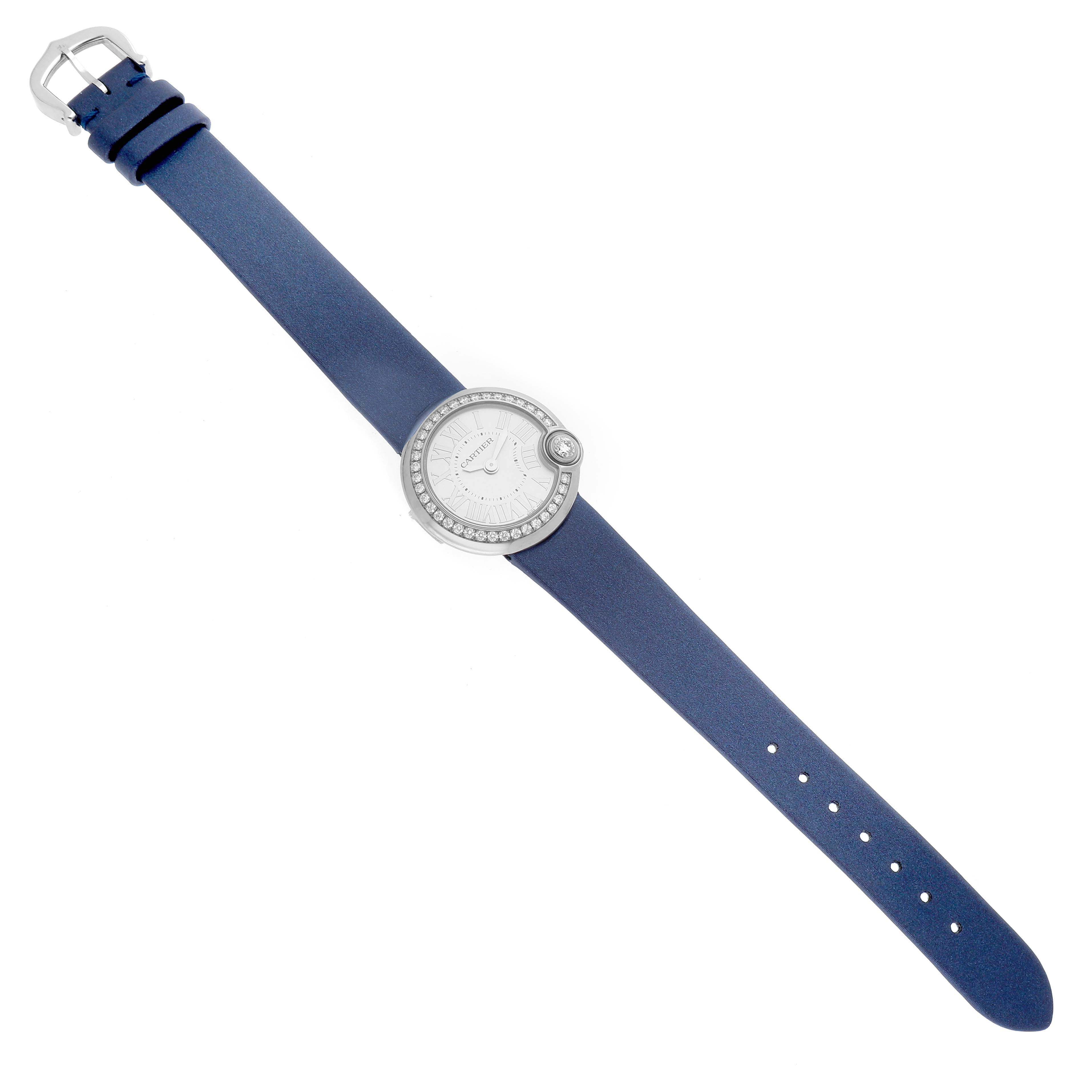 The Cartier Ballon Blanc W4BL0002 Women's Stainless Steel Silver Dial W4BL0002 Women's Stainless Steel Silver Dial watch is shown from a top-down angle, displaying the full face, bezel, and strap clearly.