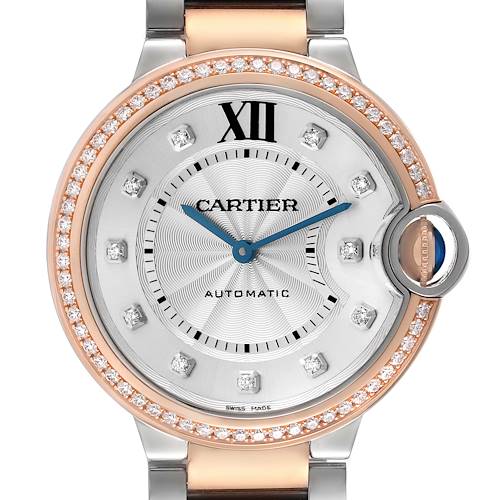 The Cartier Ballon Bleu W3BB0004 Men's Steel and Gold (two tone) Silver Dial watch is shown from the front, highlighting the dial, diamond bezel, and crown with a cabochon.