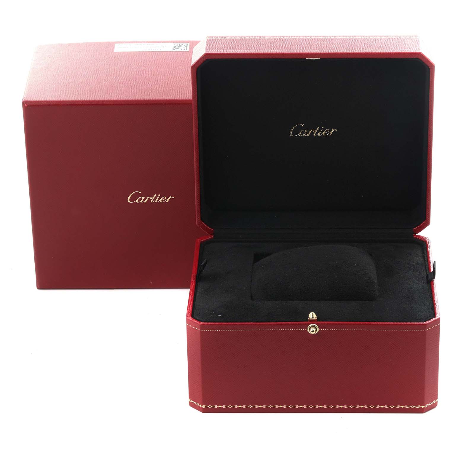 The image shows the open red box of a Calibre de Cartier watch by Cartier, revealing its interior without the watch.