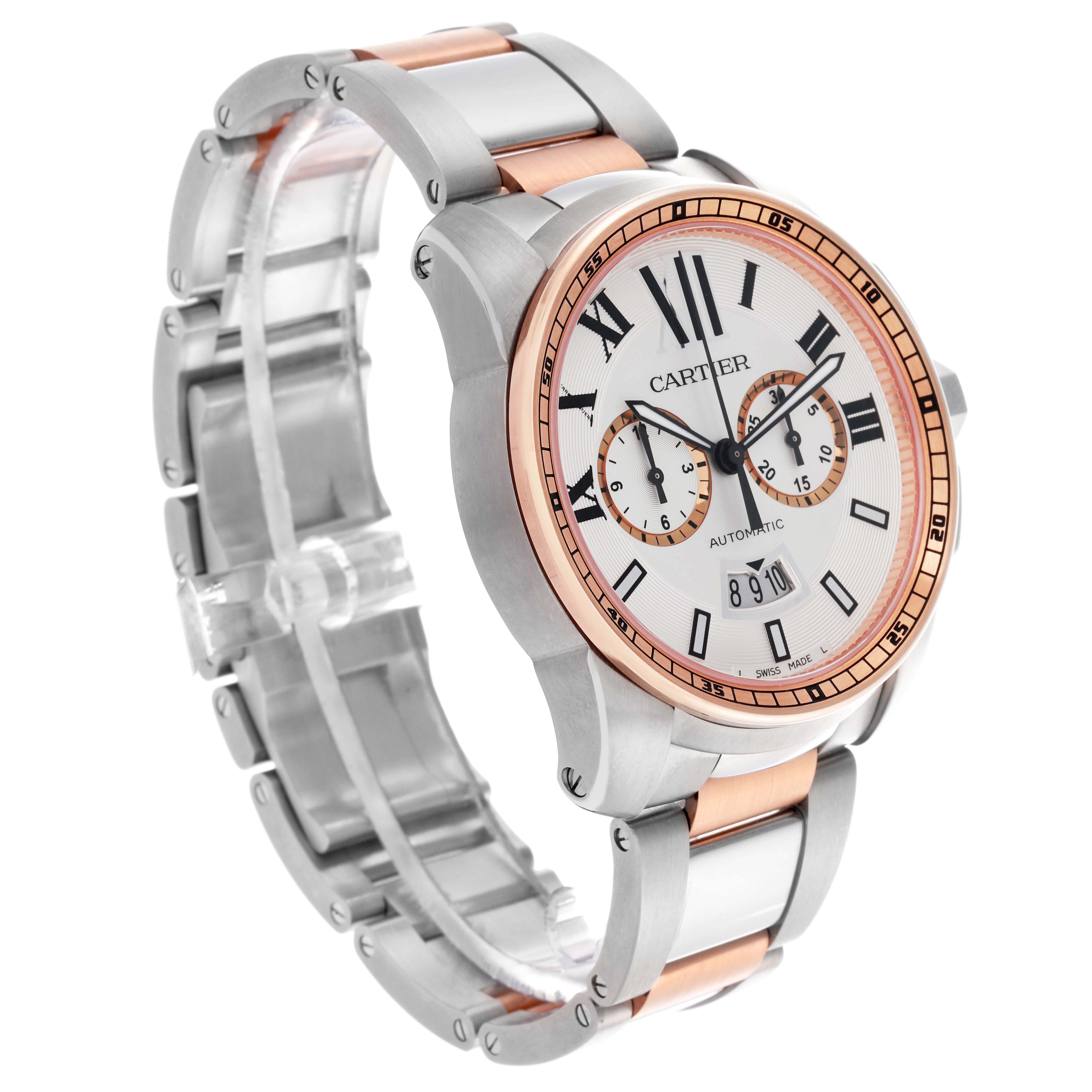 The Calibre de Cartier watch is shown at a three-quarter angle, displaying the face, bezel, and bracelet clearly.