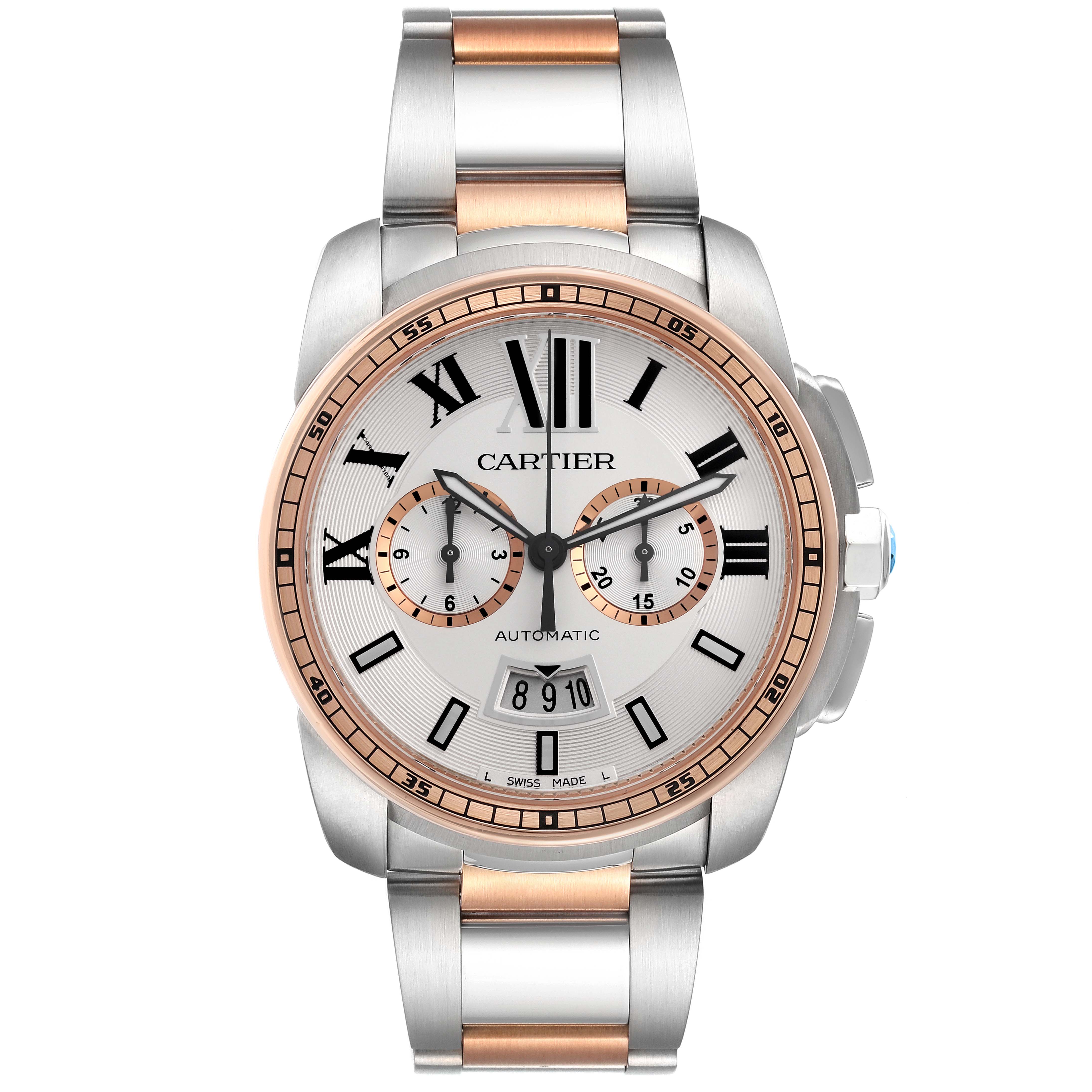 The Calibre de Cartier watch is shown from the front, displaying its face, bezel, and bracelet.