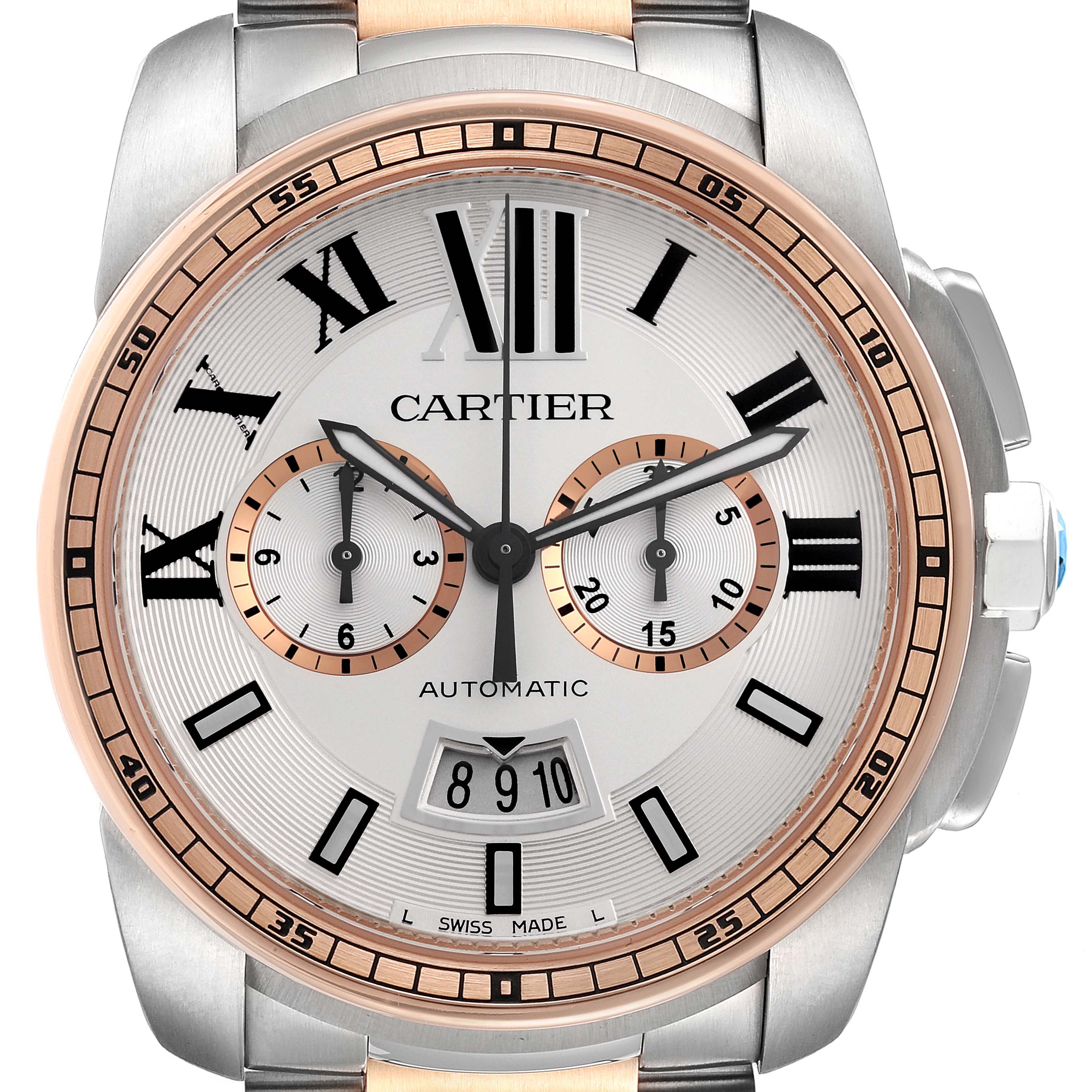 The image shows a front view of the Calibre de Cartier watch, featuring its Roman numerals, chronograph dials, and date display.