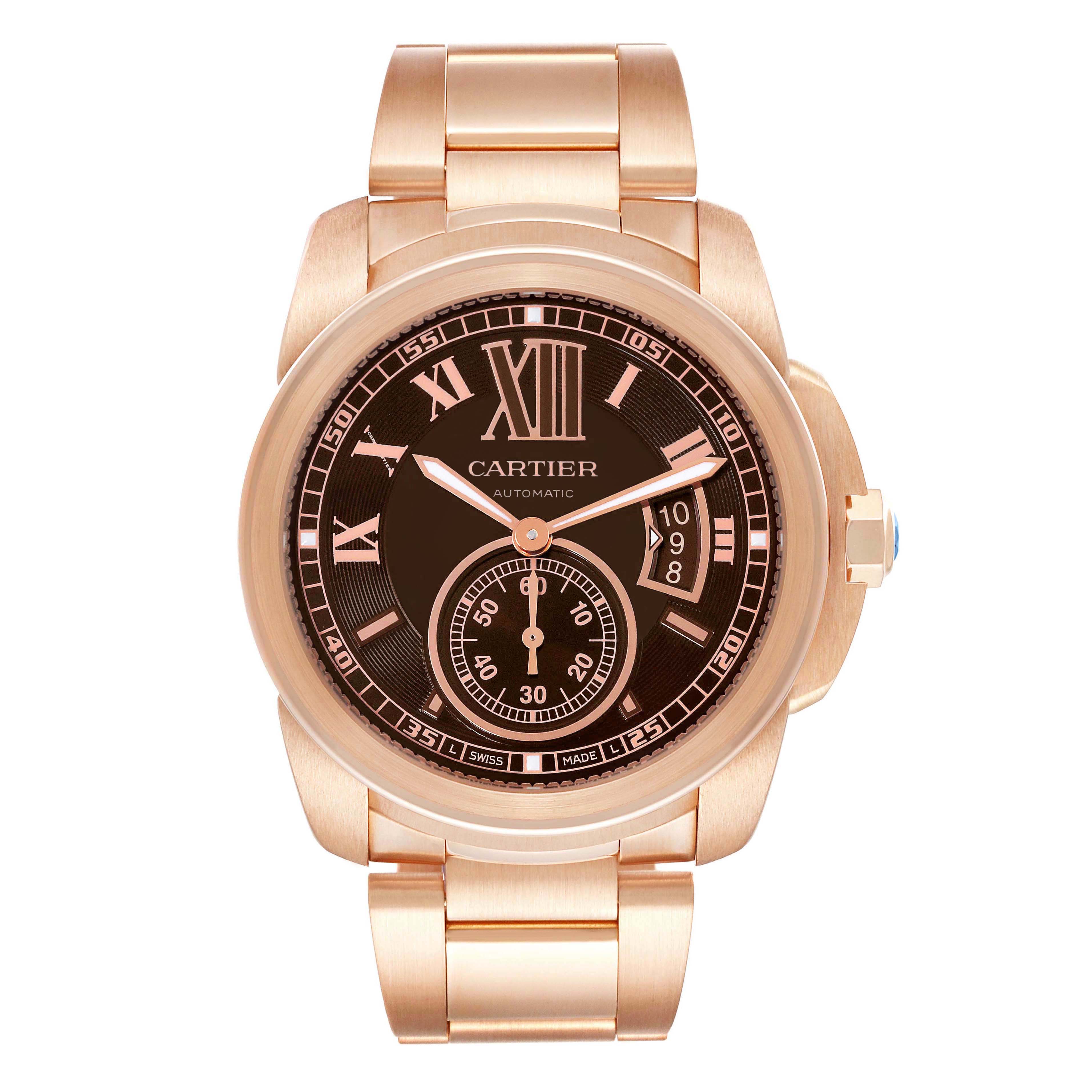 The image shows a front view of a Calibre de Cartier watch by Cartier, featuring its dial, hands, and part of the bracelet.