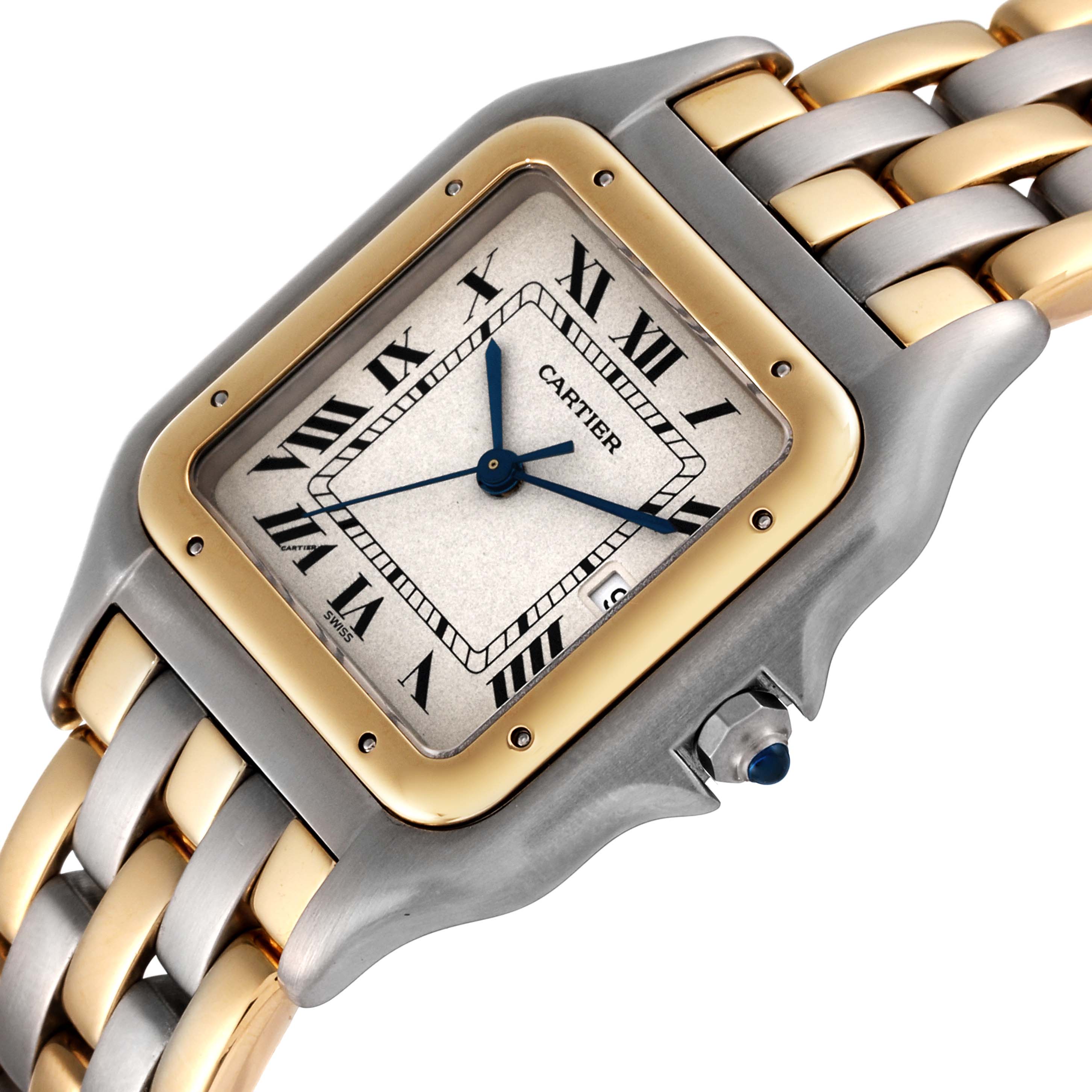 The image shows a close-up of the dial, bezel, and part of the bracelet of a Cartier Panthere 30834 Men's Steel and Gold (two tone) Silver Dial 30834 Men's Steel and Gold (two tone) Silver Dial watch.