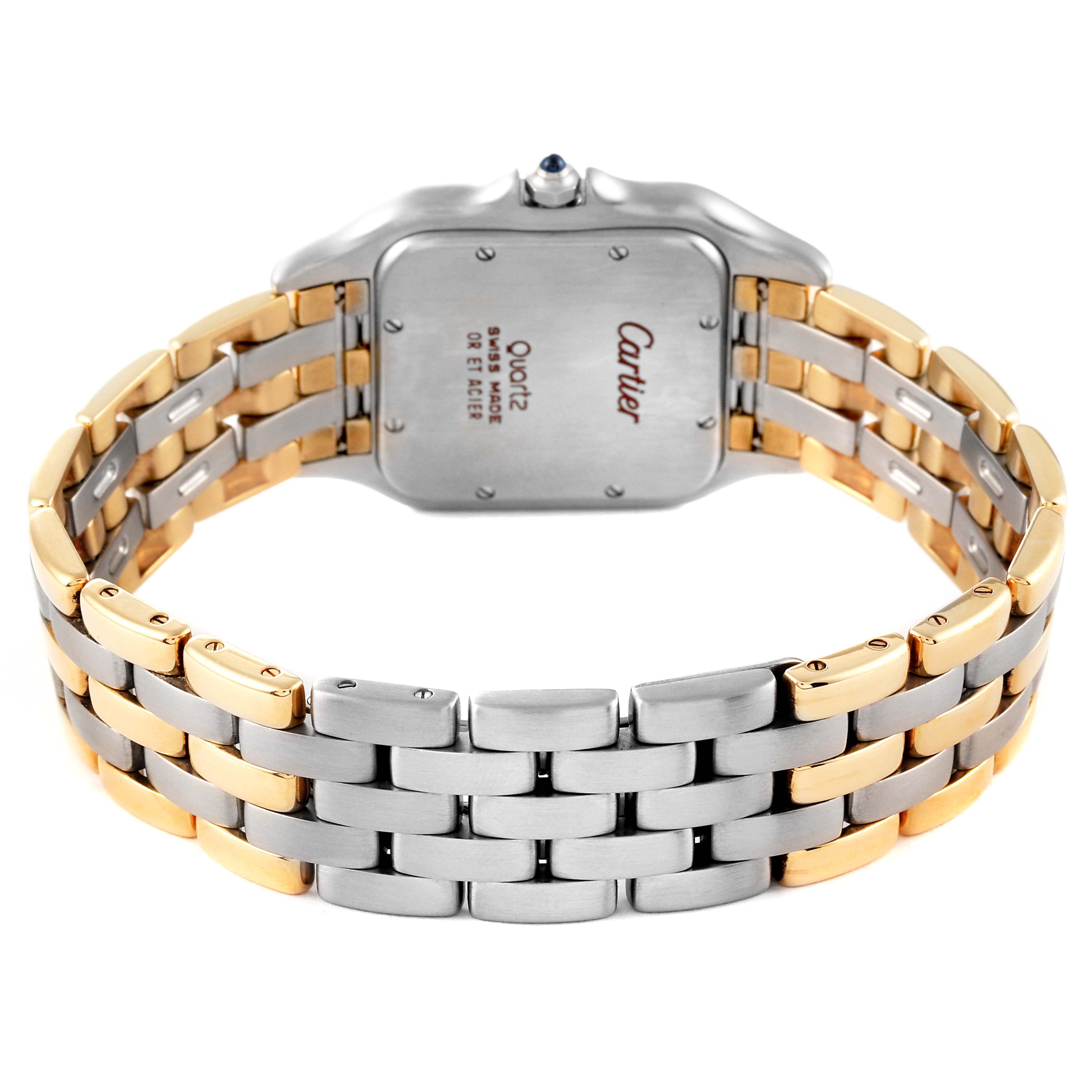 This image shows the back view of a Cartier Panthere 30834 Men's Steel and Gold (two tone) Silver Dial 30834 Men's Steel and Gold (two tone) Silver Dial watch, highlighting its two-tone metal bracelet and case back.