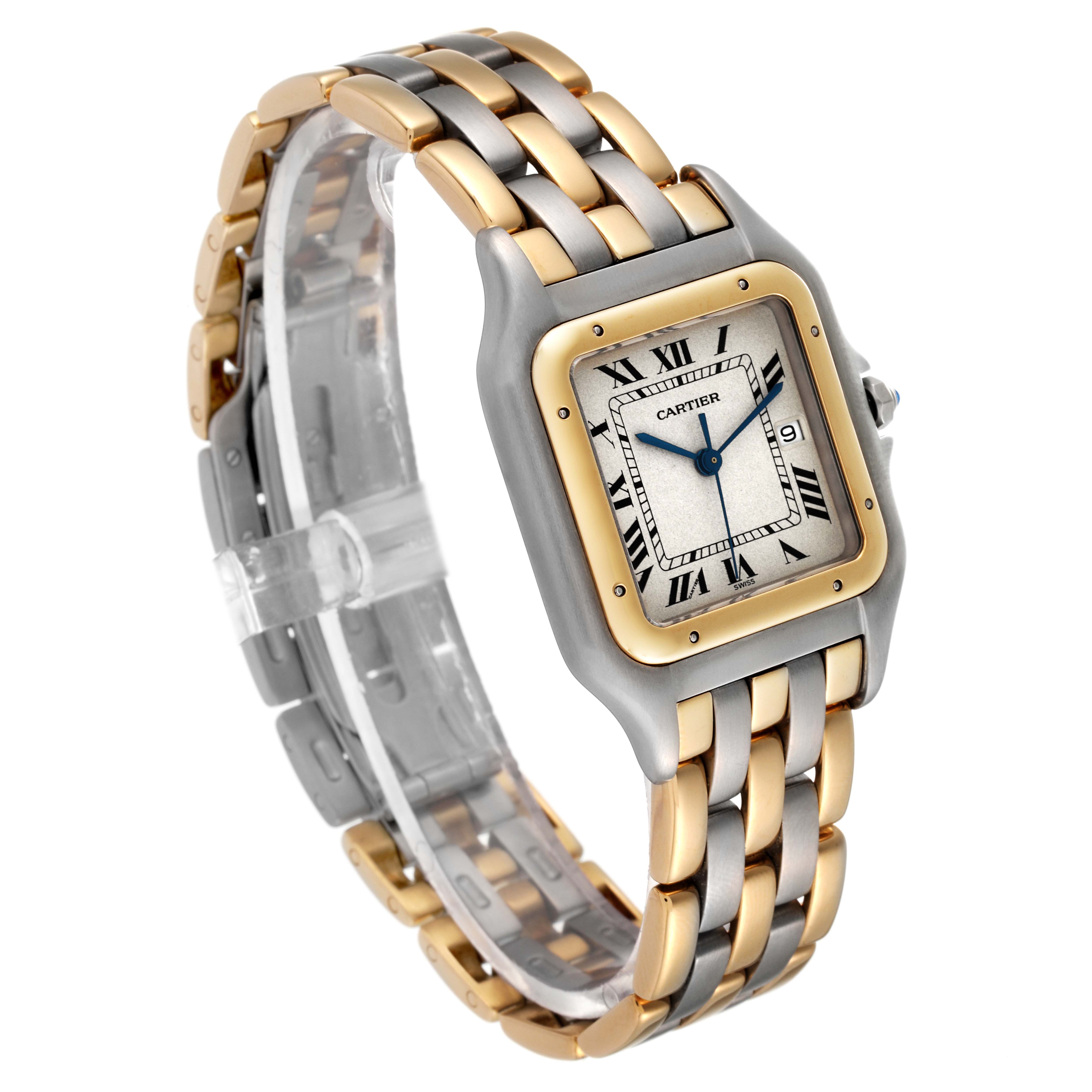 This image shows a Cartier Panthere 30834 Men's Steel and Gold (two tone) Silver Dial 30834 Men's Steel and Gold (two tone) Silver Dial watch at a three-quarter angle, highlighting its two-tone bracelet and square face.