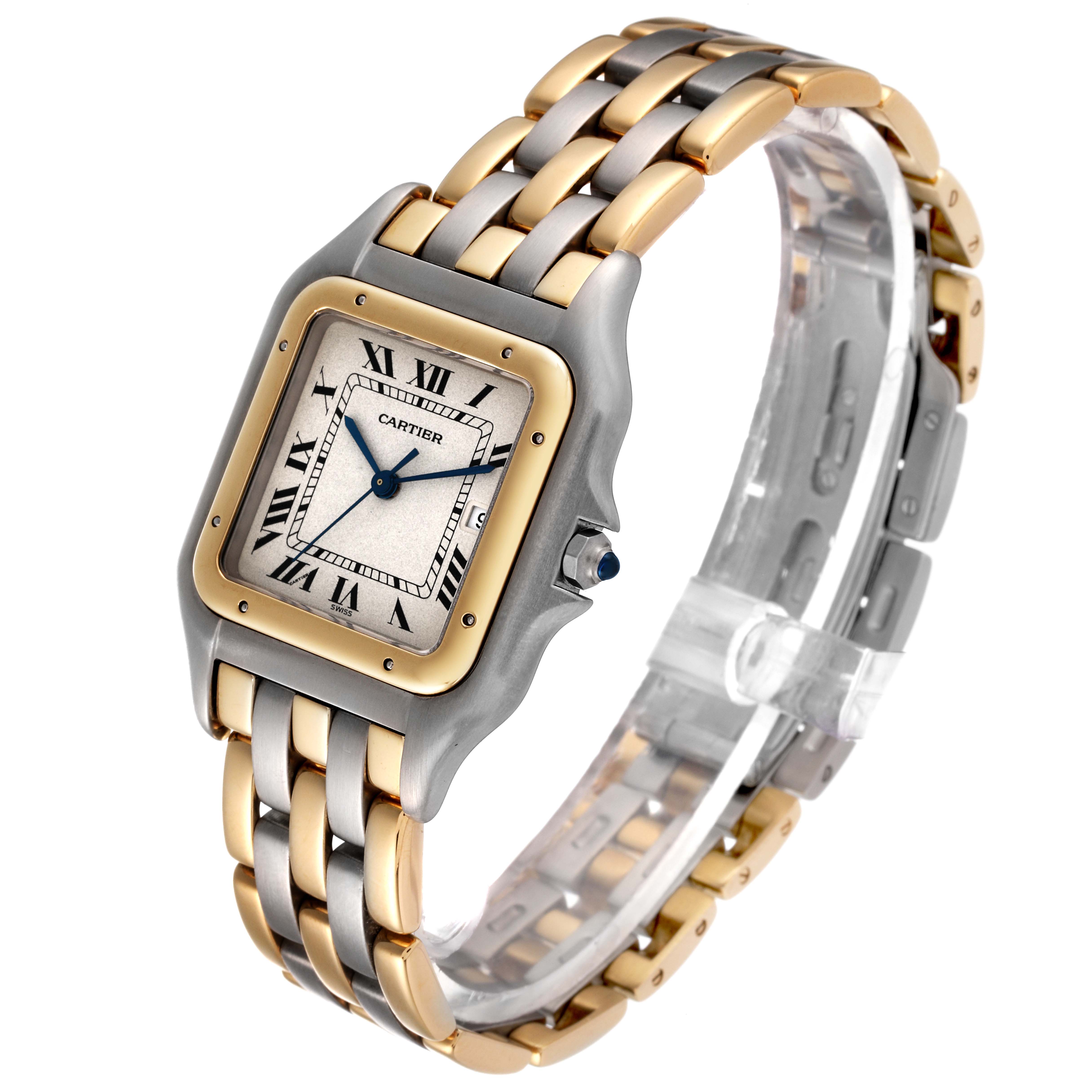 The image shows a Cartier Panthere 30834 Men's Steel and Gold (two tone) Silver Dial 30834 Men's Steel and Gold (two tone) Silver Dial watch at a 45-degree angle, highlighting the dial, bracelet, and clasp.