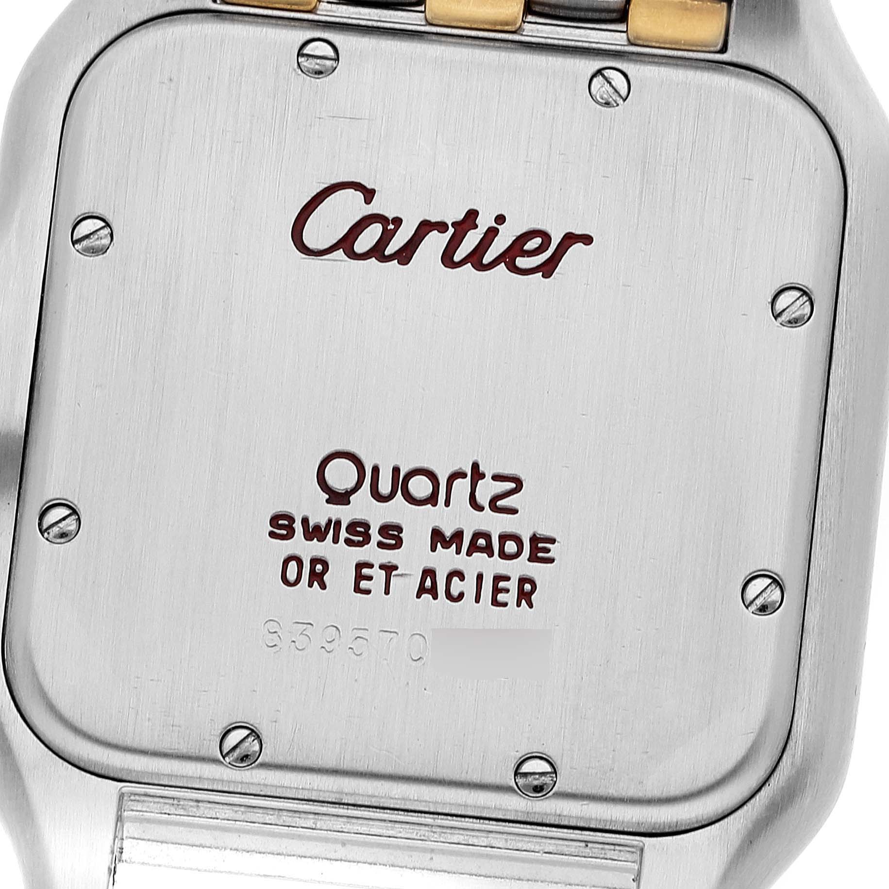 The image shows the back case of a Cartier Panthere 30834 Men's Steel and Gold (two tone) Silver Dial 30834 Men's Steel and Gold (two tone) Silver Dial watch, displaying the brand, model, and specifications.