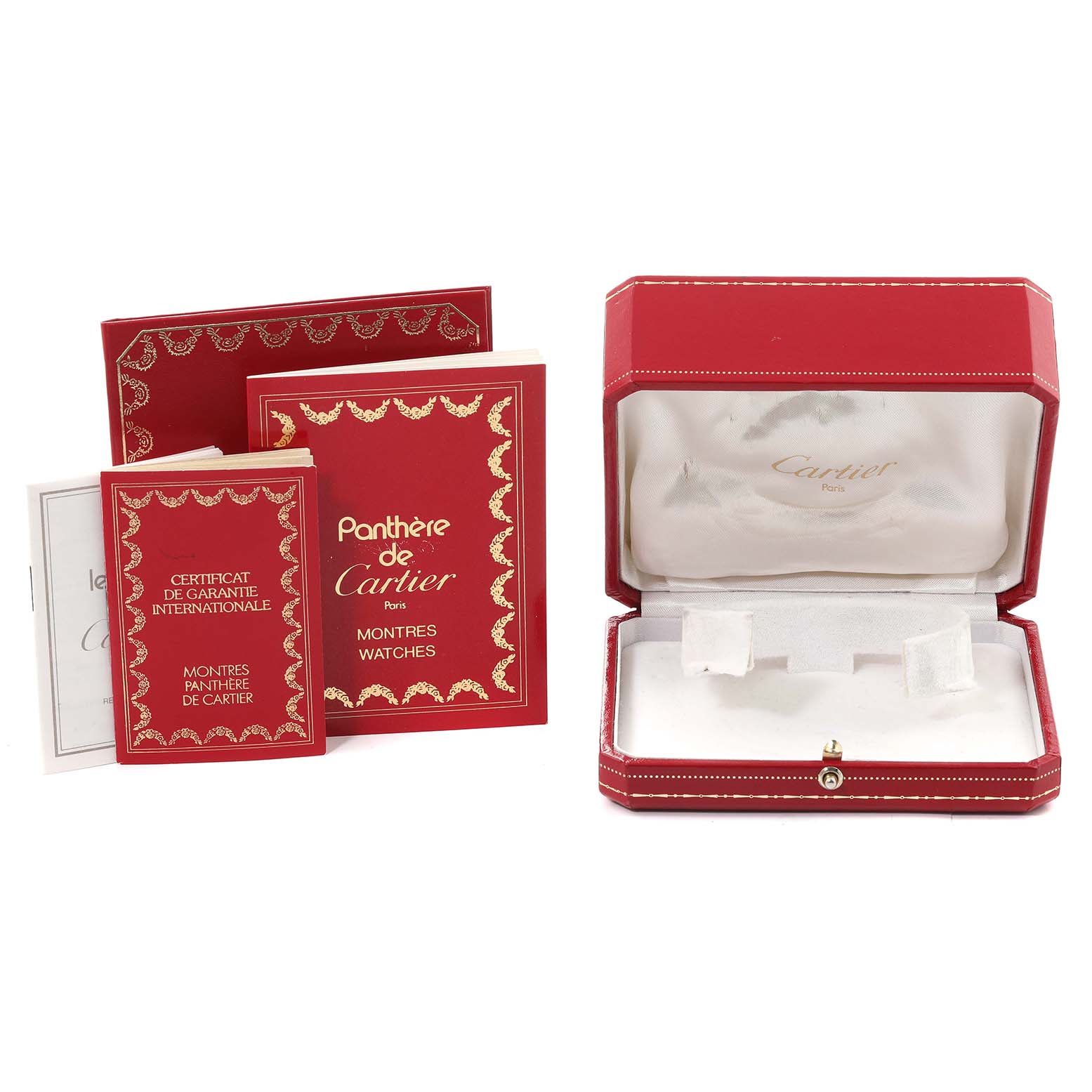 The image shows the packaging and manuals for the Panthere de Cartier watch, including a red box and warranty booklets.