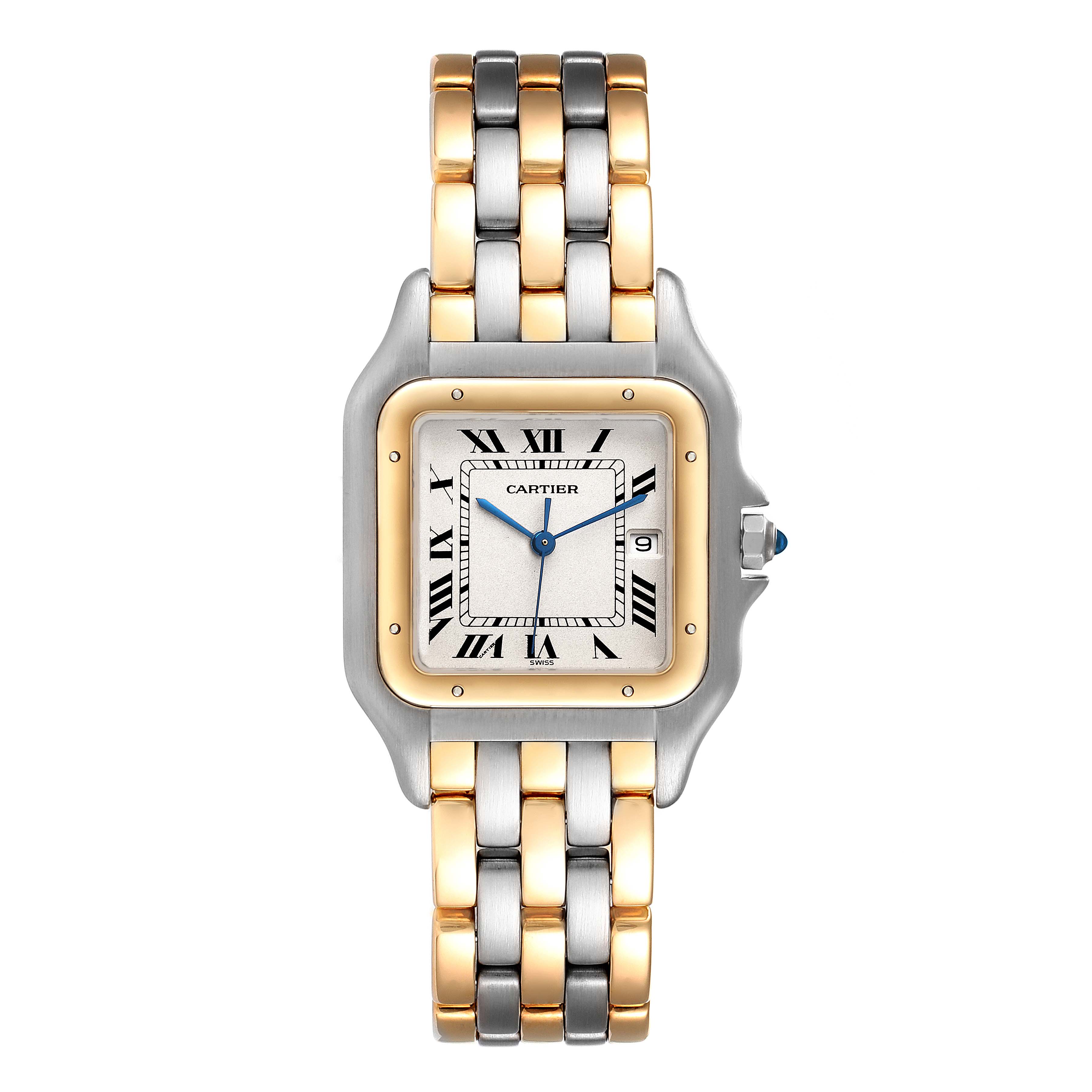 This image shows a front view of the Cartier Panthere 30834 Men's Steel and Gold (two tone) Silver Dial 30834 Men's Steel and Gold (two tone) Silver Dial watch, highlighting the two-tone metal bracelet and Roman numeral dial.