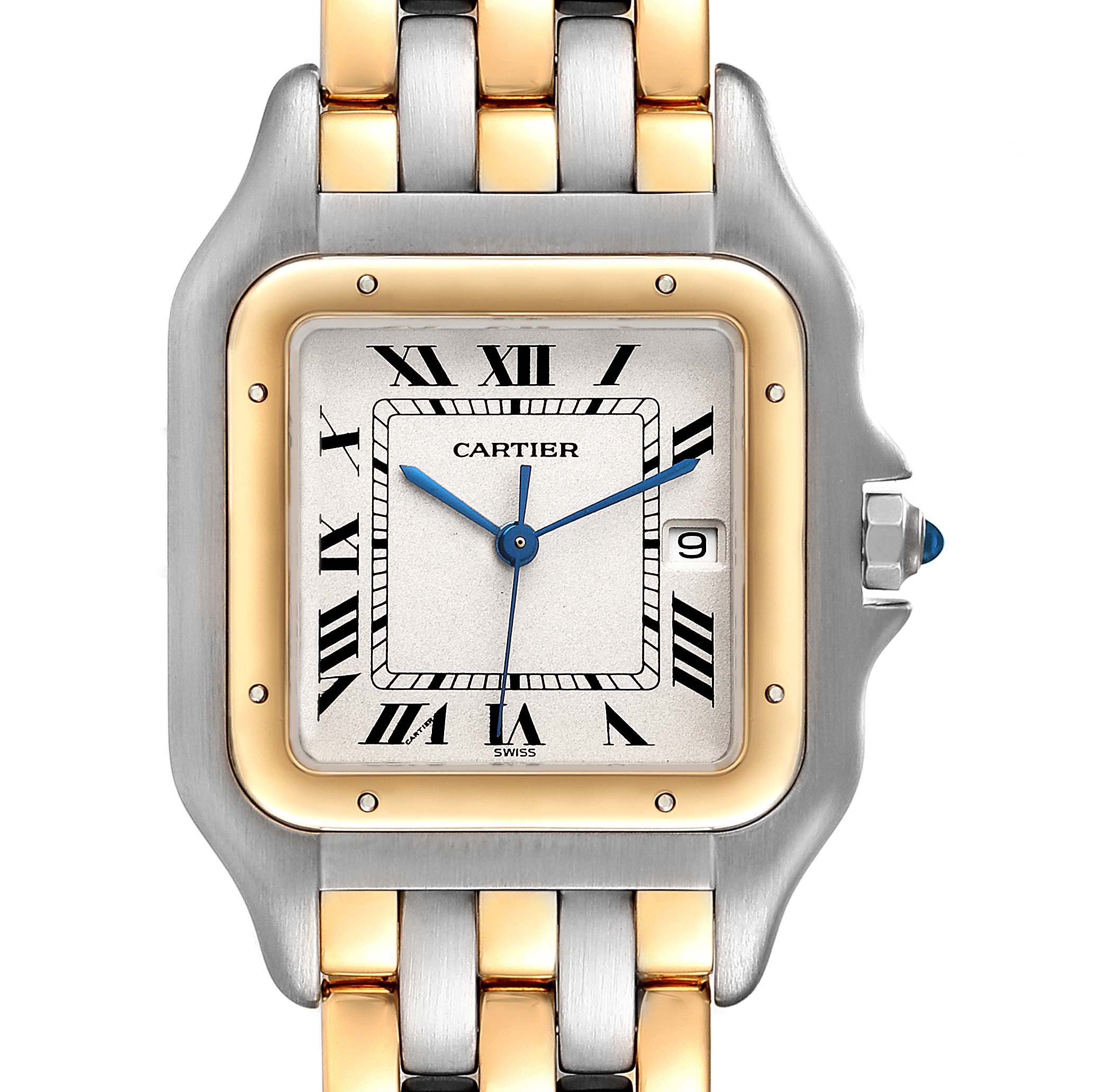 This image shows a close-up of the Panthere model by Cartier, highlighting its rectangular dial and part of the two-tone bracelet.